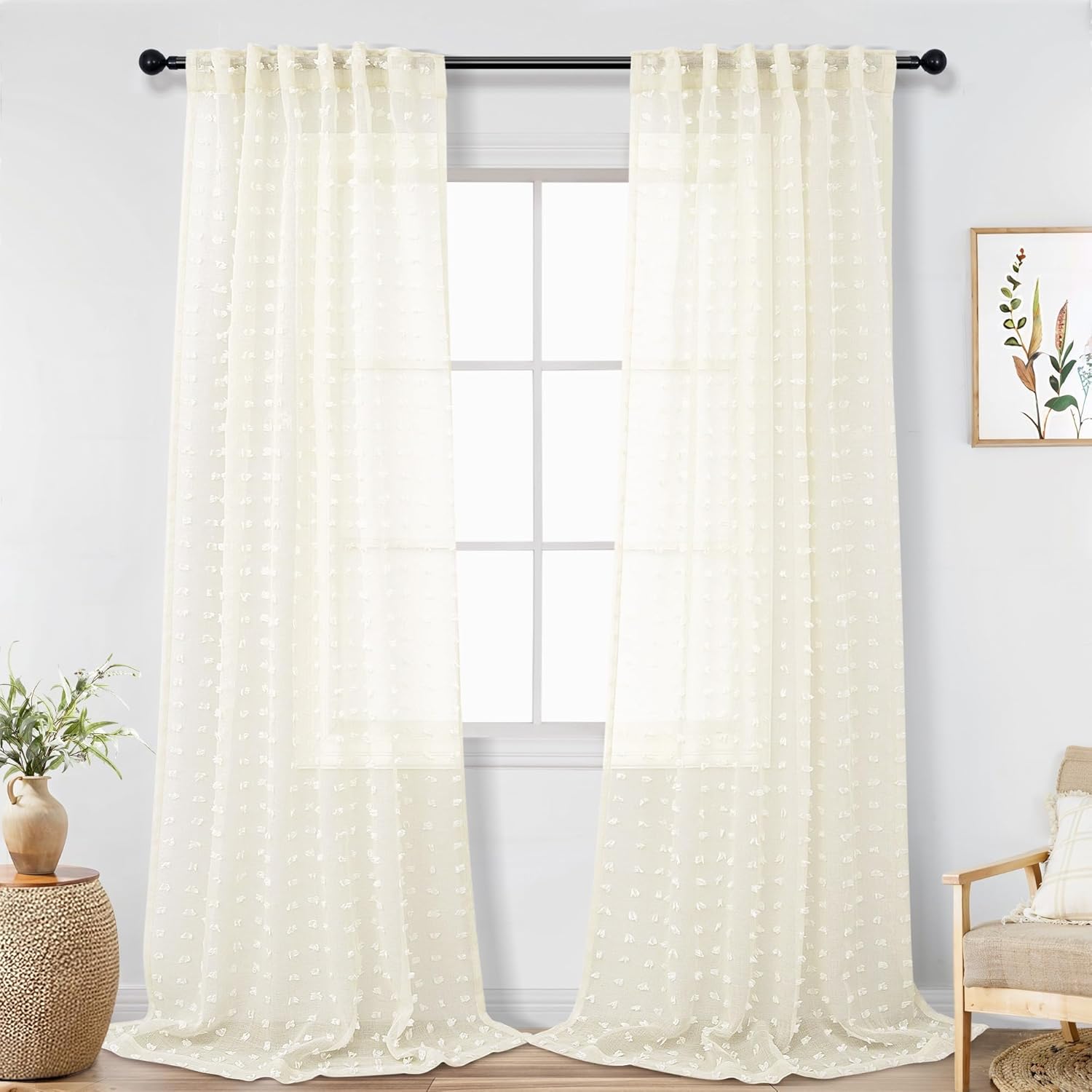 Pom Pom Cream Sheer Curtains Extra Long 108 Inch for Living Room Bedroom Airy Semi Transparent Light Filtering Farmhouse Shabby Chic Elegant Boho Drape for Window Patio Sliding Door Back Tab 2 Panels