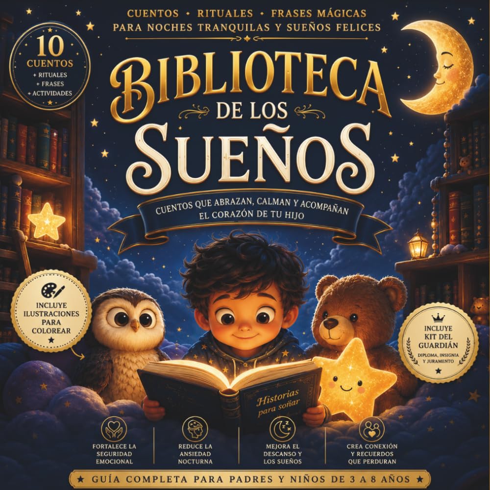 BIBLIOTECA DE LOS SUEÑOS: Kit completo para la hora de dormir: cuentos relajantes, páginas para colorear, rituales nocturnos y guía para padres — Para niños de 3 a 8 años