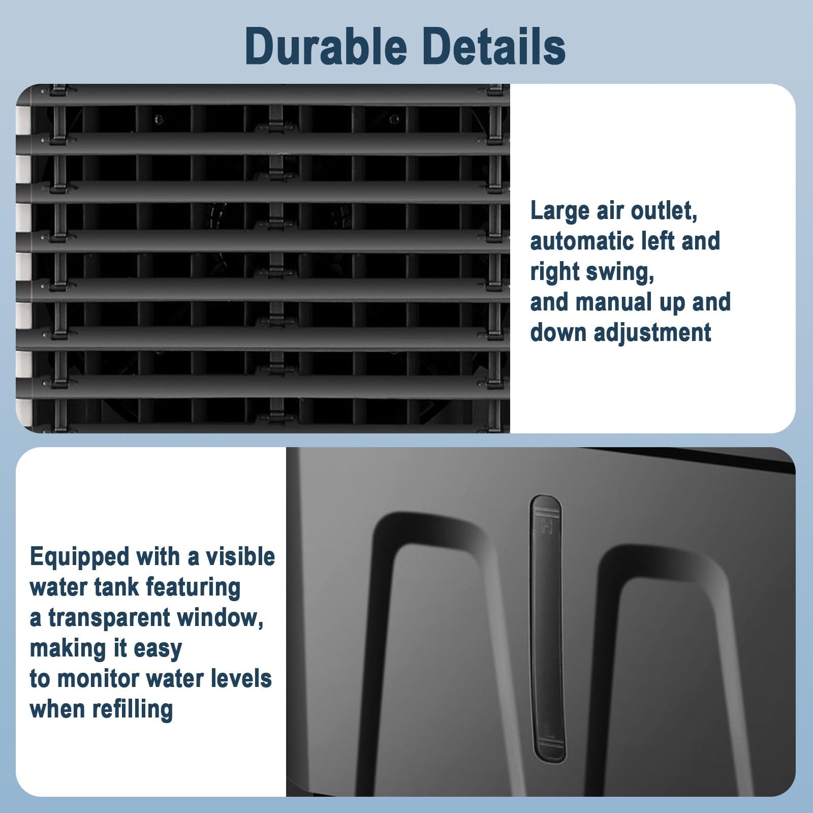 Climatizador evaporativo industrial portátil depósito 110L, 3 velocidades, doble regulación de aire, ruedas 360° con frenos, medidas 130×62×42cm para talleres, almacenes y puestos de mercado