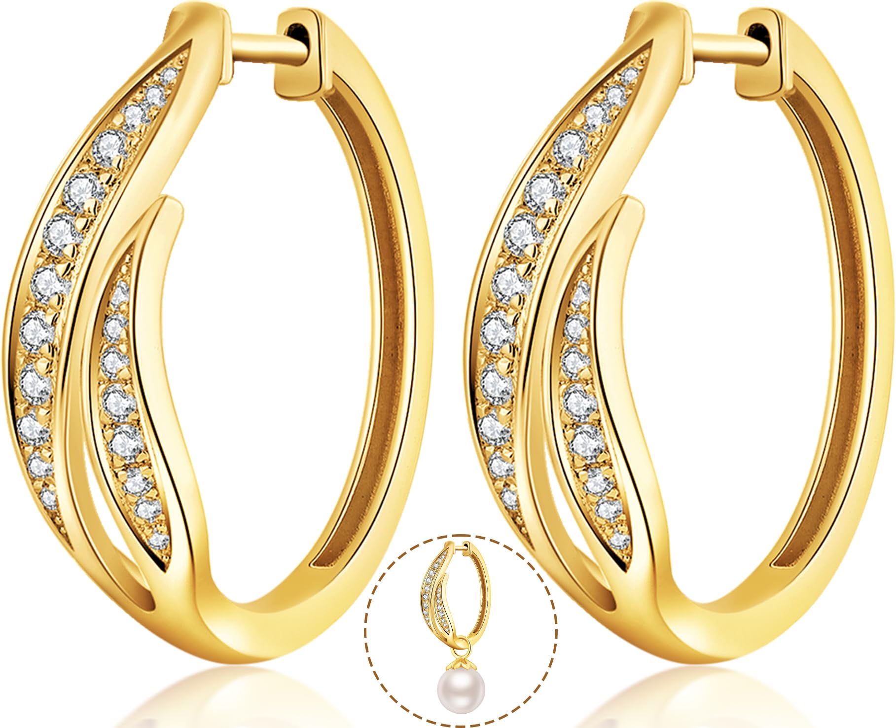 Perlenohrringe 18K Weißgold Plattiert 925 Sterling Silber Creolen mit Weiß Perlen Hypoallergene, Perle 8mm-10mm Edler Schmuck für Damen