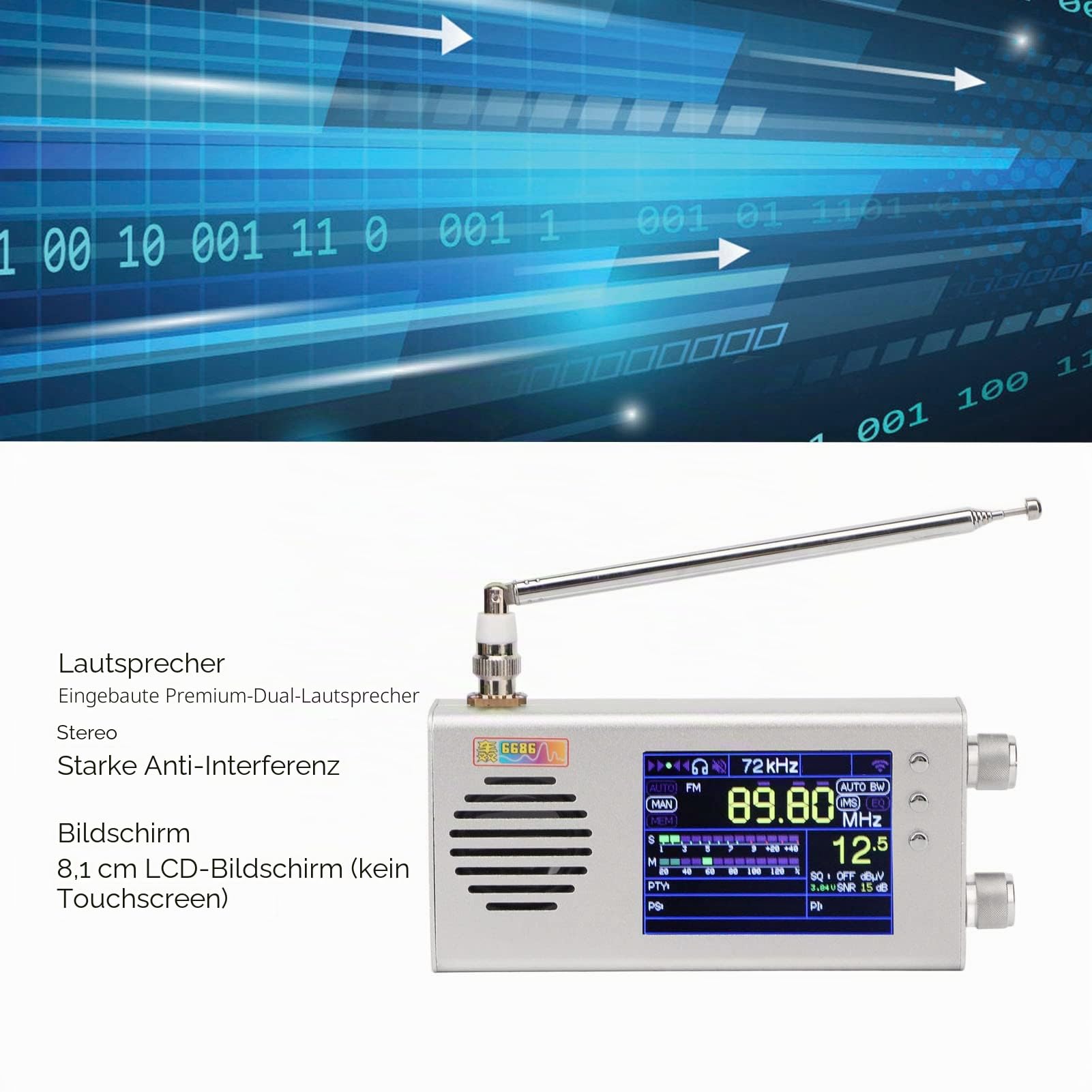 TEF6686 Vollband-Radioempfänger, Tragbares Digitales AM-FM-Stereoradio mit 3,2-Zoll-LCD-Bildschirm, 7000-mAh, Doppellautsprecher, Antenne und Gehäuse aus Aluminiumlegierung