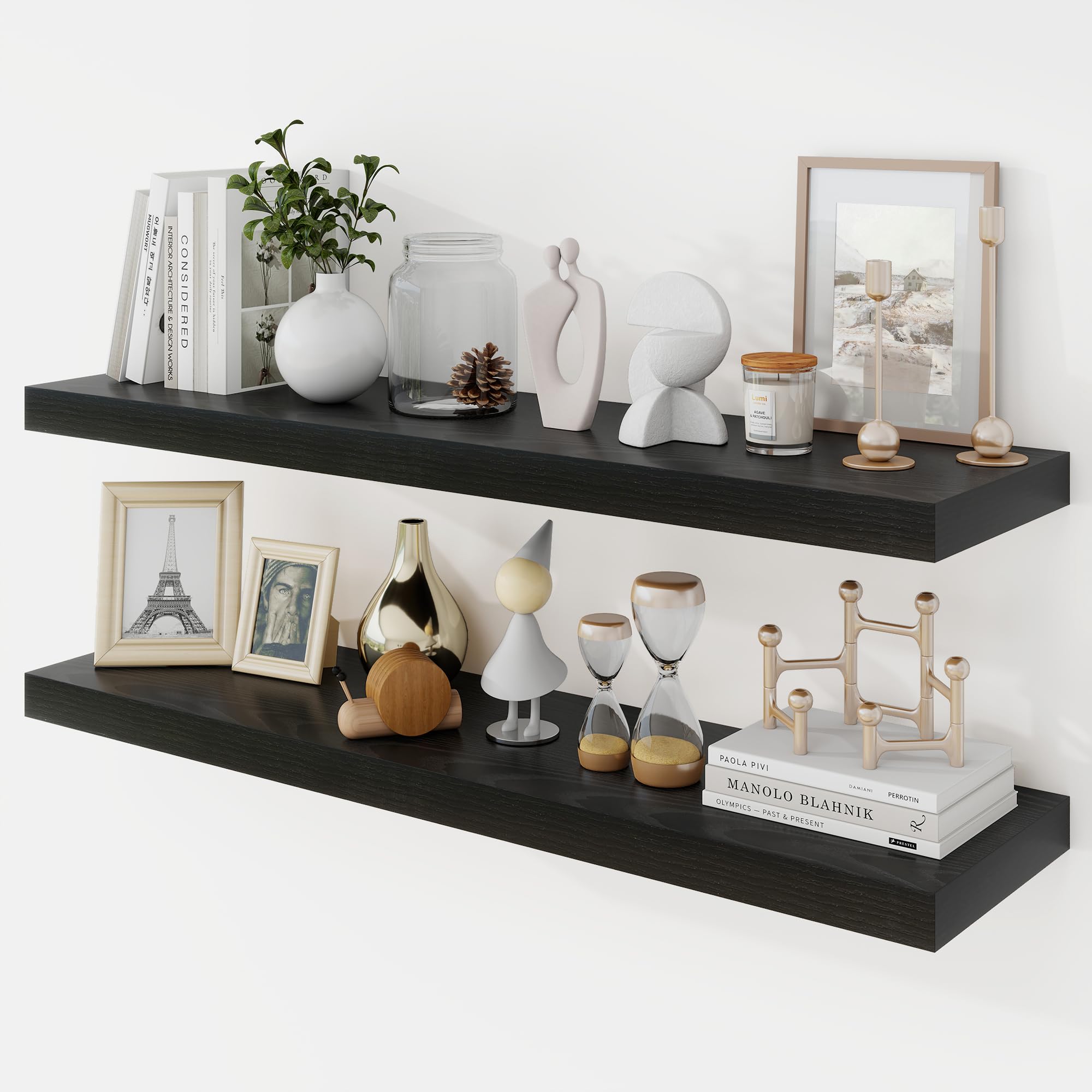 Acovy 90cm Floating Shelves, 23.5cm Deep Floating Shelf Wall Mounted, 90cm Wall Shelves, Rustic Deep Bookshelf, Large Display Shelves & Storage Shelves for Bedroom, Living Room, Black, Set of 2 โ image 1