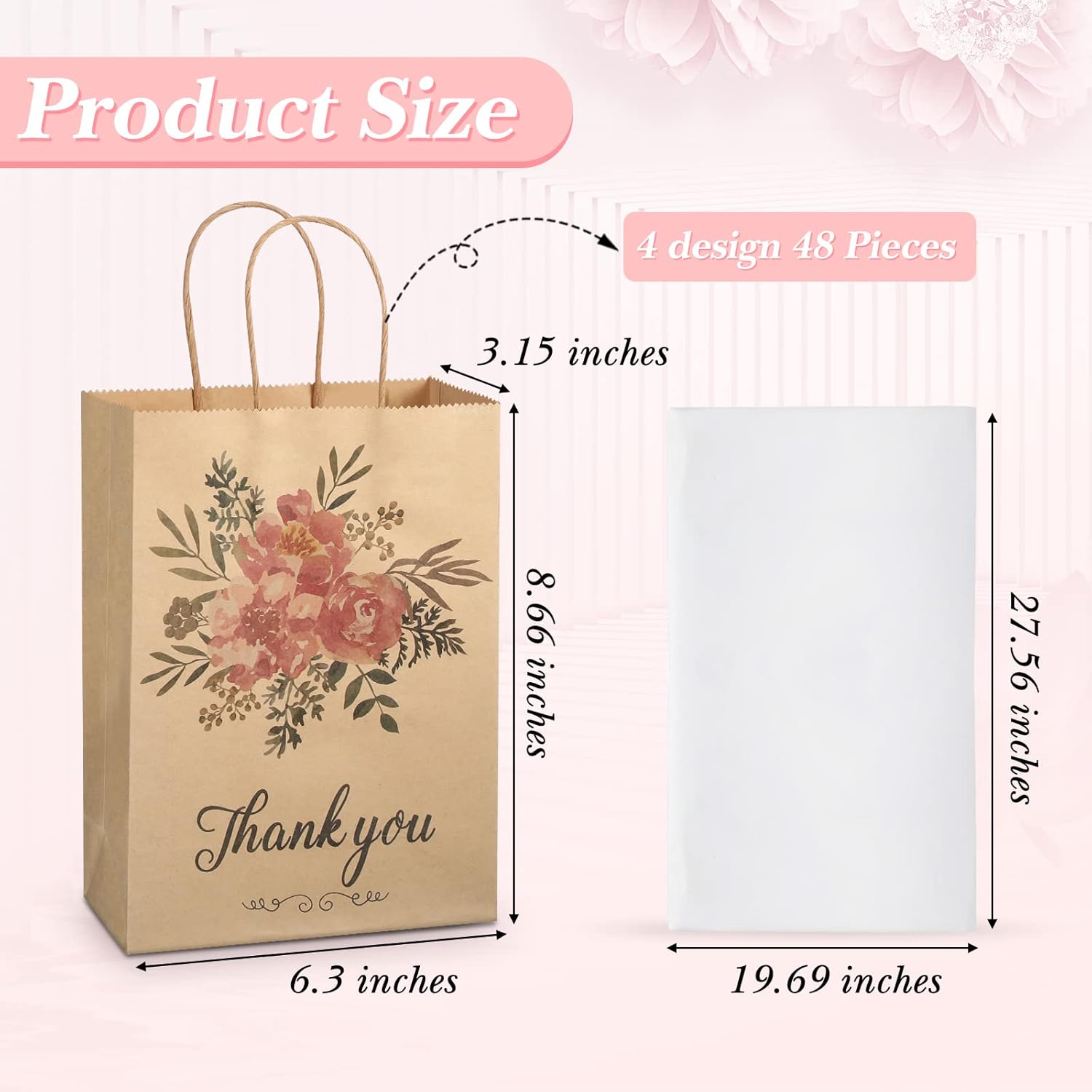 Jutom 48 Pack Kraft Paper Floral Gift Bags with Handles Thank You Flower Bags with Tissue Paper Kraft Paper Treat Bags for Tea Party Birthday Wedding Baby Shower Business Supplies