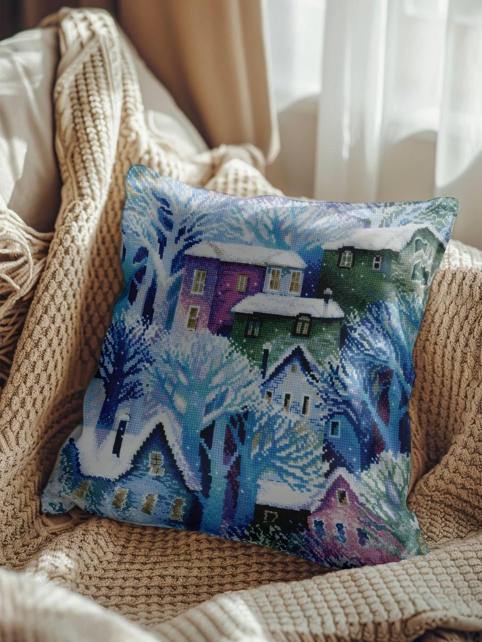 RIOLIS - Panel/Cushion Town 2247, Cross Stitch Kits 15¾"x15¾, Cross Stitch for Beginners & Advanced, Crossstitch for Adults, Counted Stitching Kits, Winter Embroidery Kit