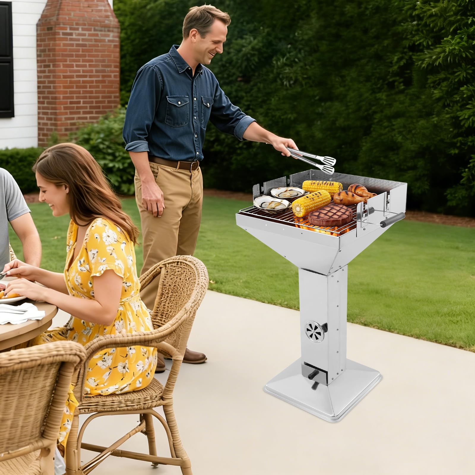Barbecue a colonna a carbonella, in acciaio inox, 42 x 42 x 92 cm, regolazione in altezza a 3 livelli, per oltre 5 persone, per campeggio, spiaggia, giardino, feste