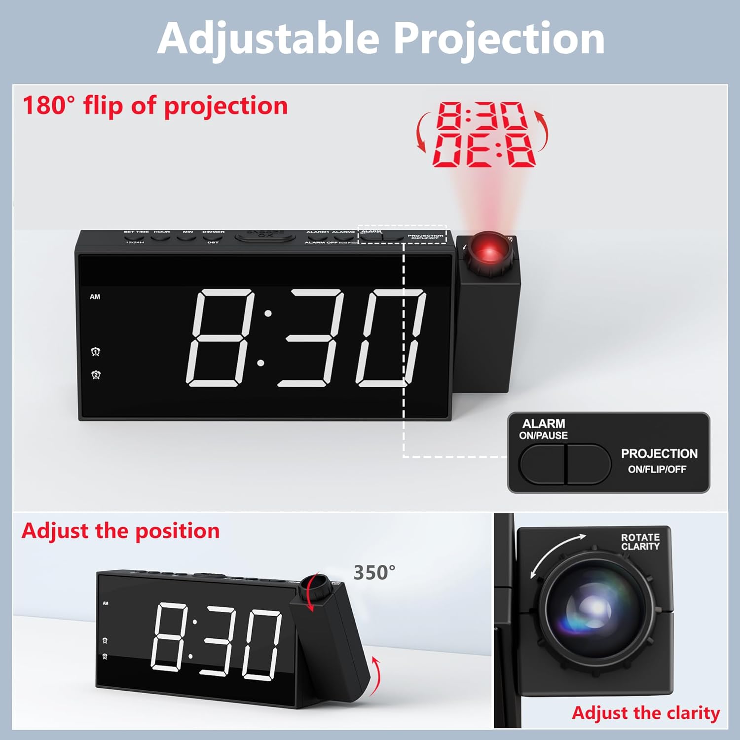 Diagram showing 180 degree adjustable projection, flip function, and focus ring