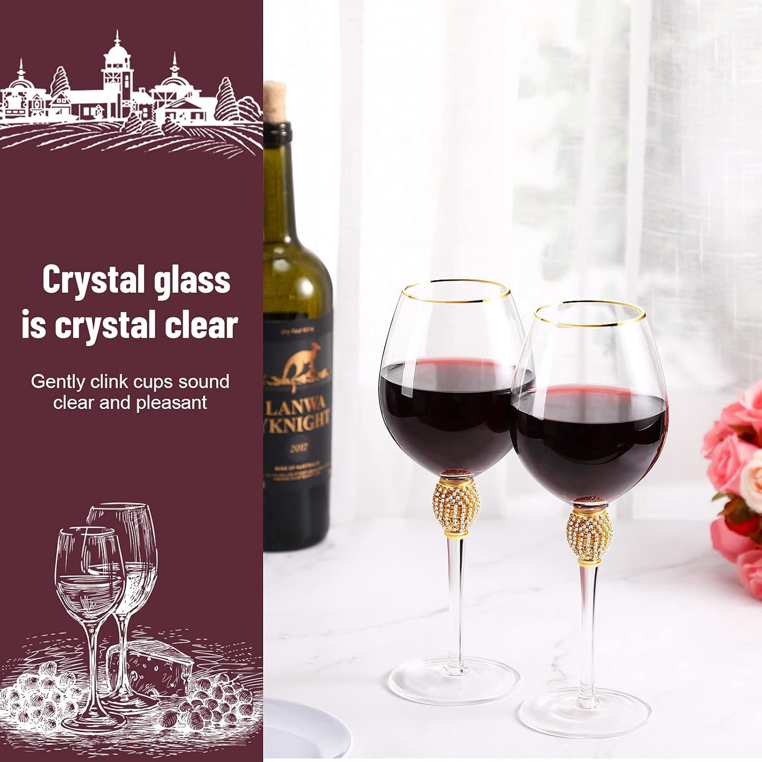 2 Pieces Rhinestone Red Wine Glass with Rim Tulip Shaped Diamond Wine