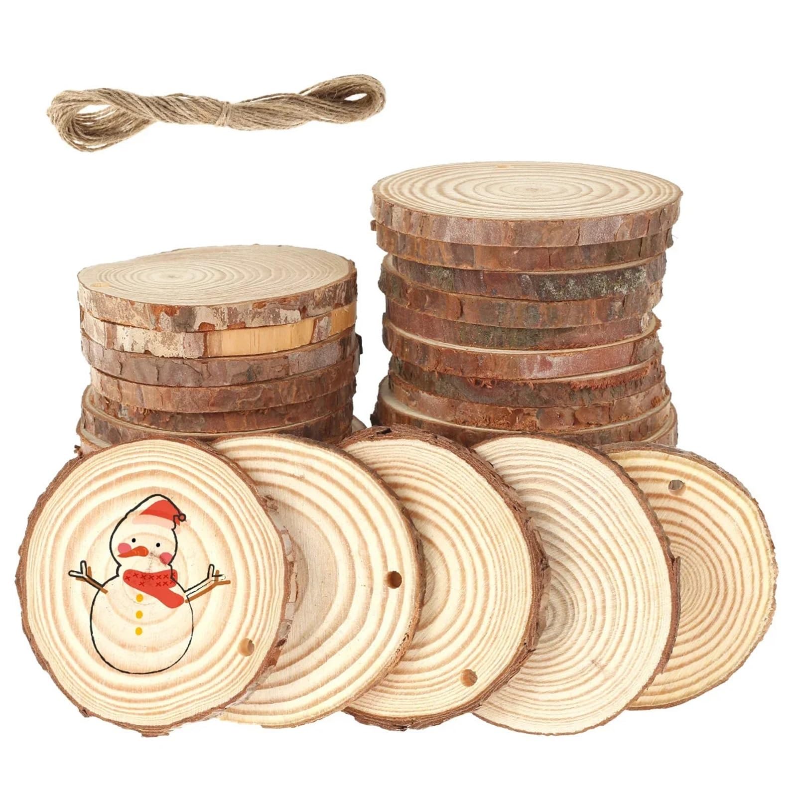 Niewykończone drewno z korą 30pcs Craft Wood Kit with Hole Wooden Circles Tree Slices for Arts and Crafts Christmas Ornaments DIY Crafts(6 7cm)