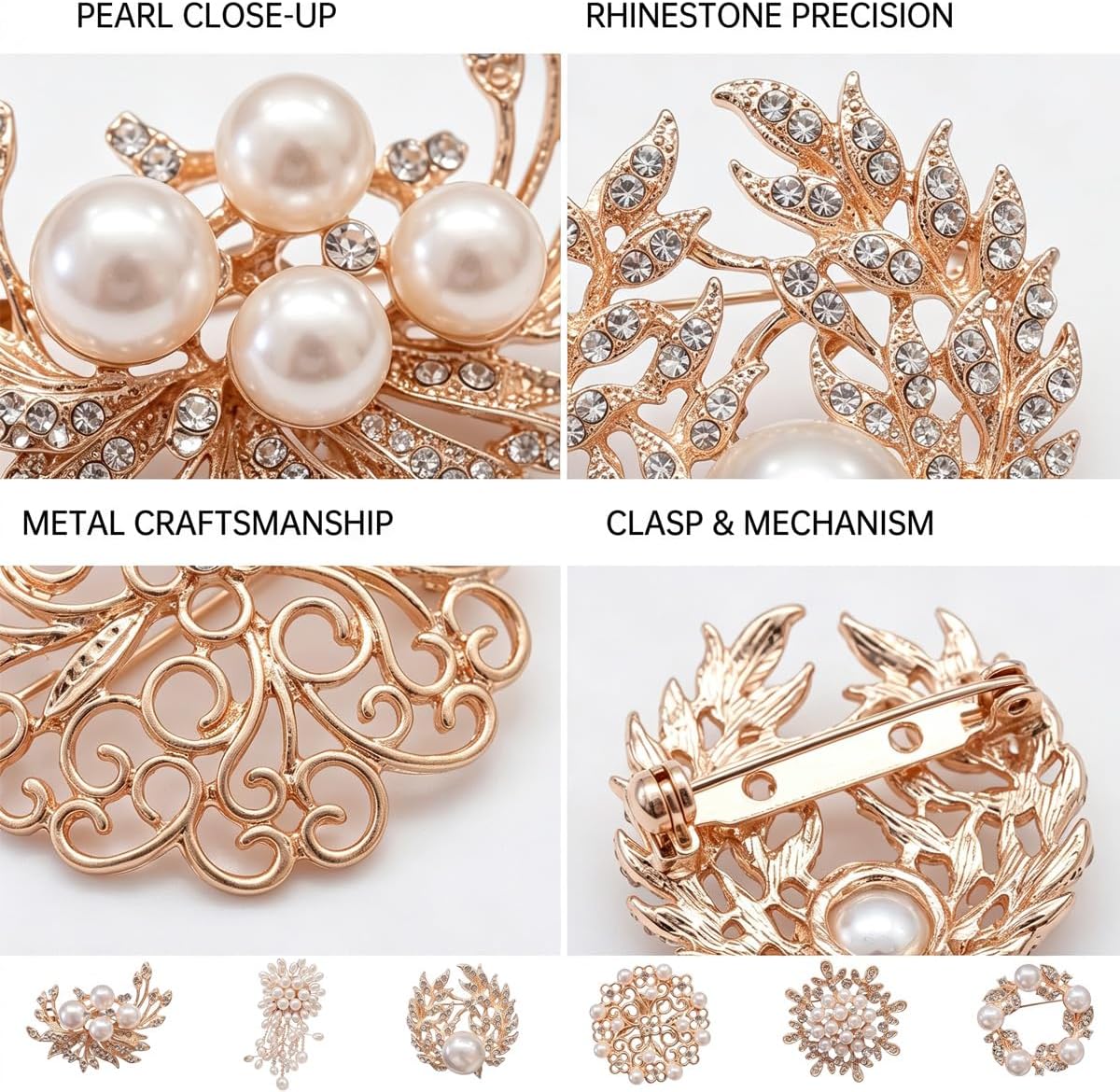 6 PCS Crystal Flower Pearl Brooch Vintage Floral Clustered Pearl Lapel Pin for Women Wedding Clothing Accessory