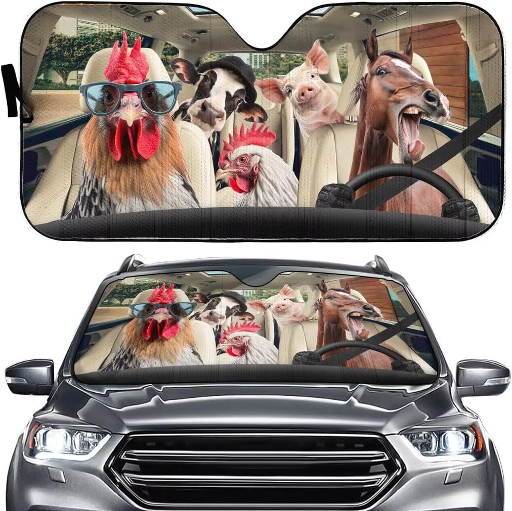 Funny Farm Animal Auto Windshield Sun Shade Front Window Sunshade, Horse Driver Car Foldable Sun Visor Protector, Chicken Pig Cow Sunshade for Car Truck SUV to Keep Your Vehicle Cool