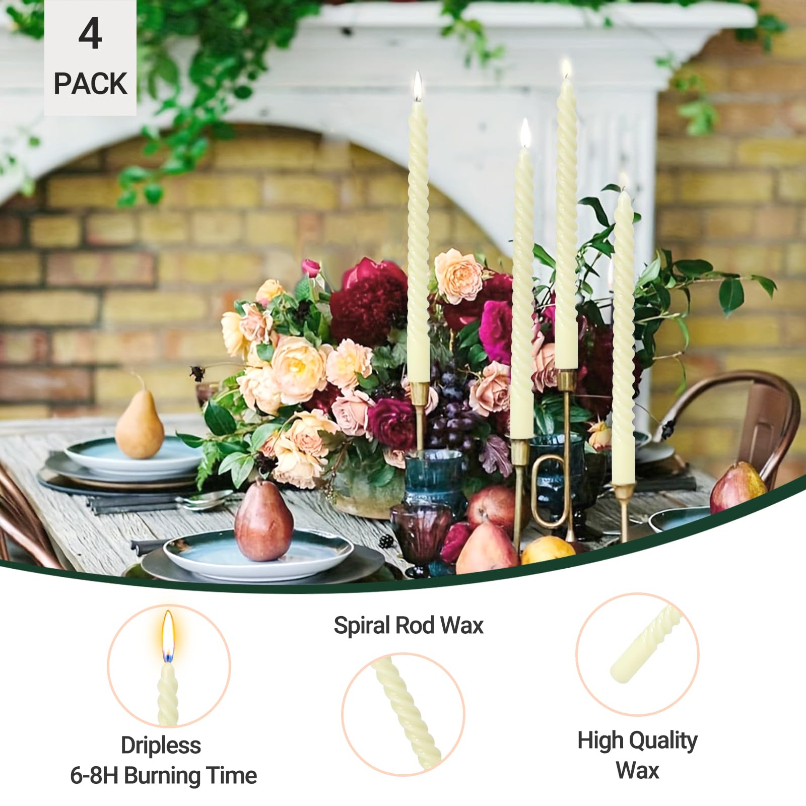 Velas cónicas en espiral marfil para decoración del hogar, paquete de 4 candelabros de 10 pulgadas para cena, fiesta, vacaciones, celebración de cumpleaños, sin goteo y sin humo