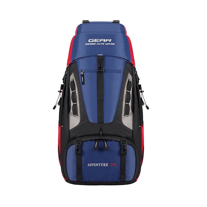 Gear Adventure 75L Extra Large Water Resistant Rucksack/Travel bag/For Men & Women(Navy - Red)