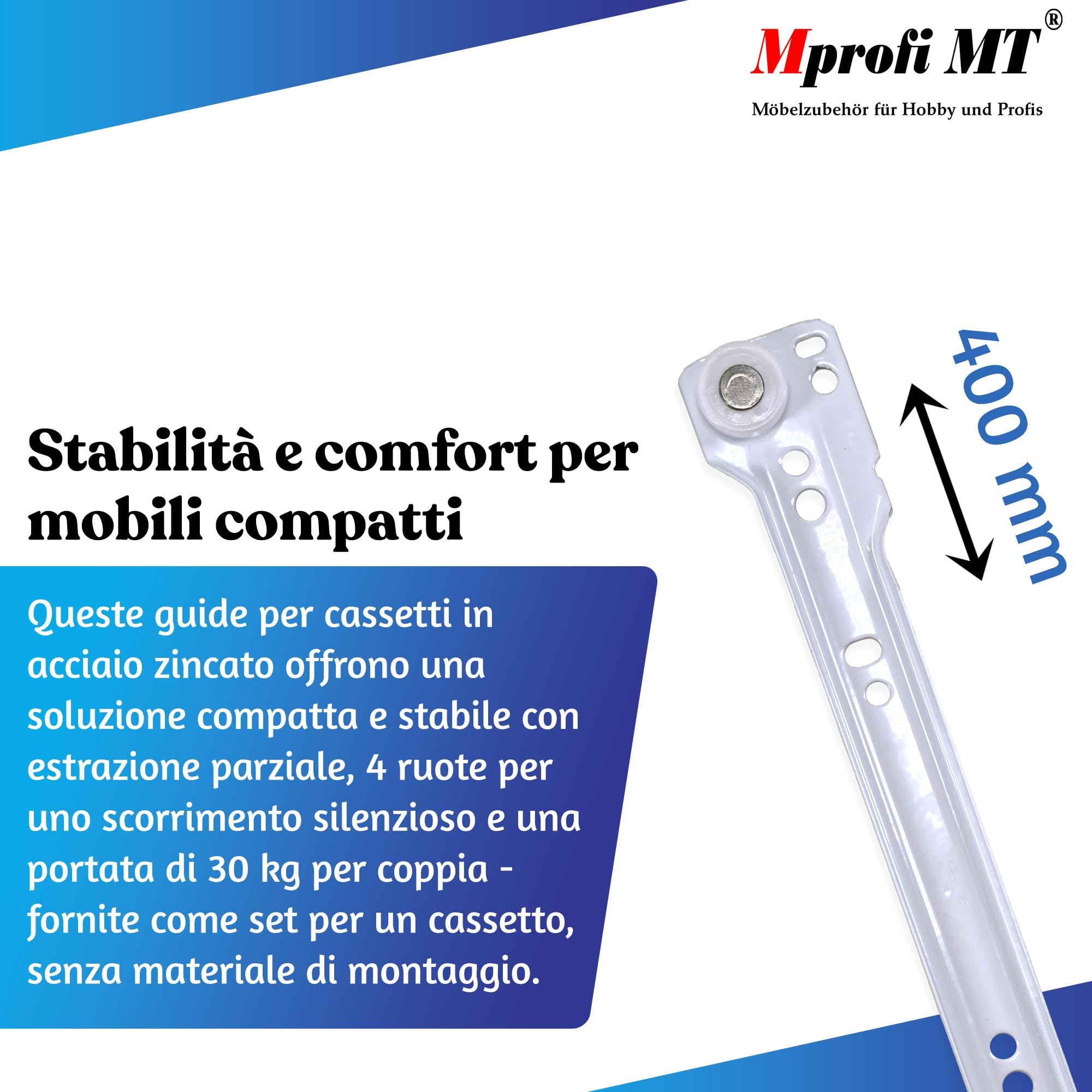 Mprofi MT® 20 Pezzi, 10 Paia | Guide per Cassetti | L:400mm | di Binari Cassetti Scorrevoli | Guide a Sfere per Cassetti | Guida per Cassetti Estrazione Parziale | Guida Telescopica per Cassetti
