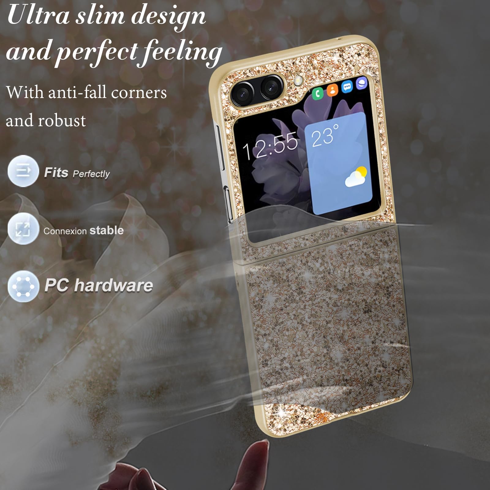 Z Flip 5 - Funda delgada con purpurina para Galaxy Z Flip 5, funda delgada de TPU con diamantes brillantes, carcasa de protección a prueba de golpes para Samsung Galaxy Z Flip 5, funda suave 5G/6.7