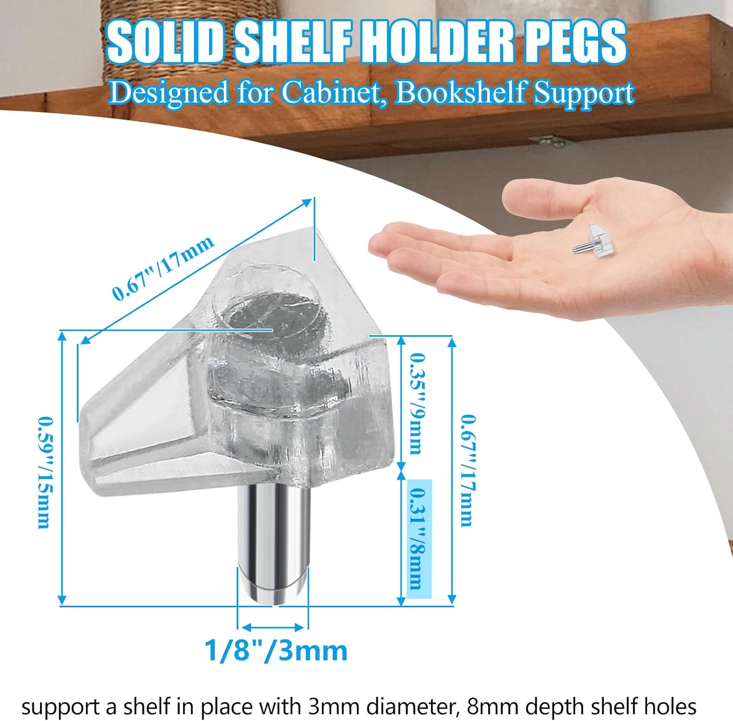 30pcs 3mm / 1/8 Inch Shelf Support Peg, Clear Plastic Cabinet Shelf Pins, Shelf Supports Pins for Closet, Kitchen, Furniture Shelves Holder Pegs