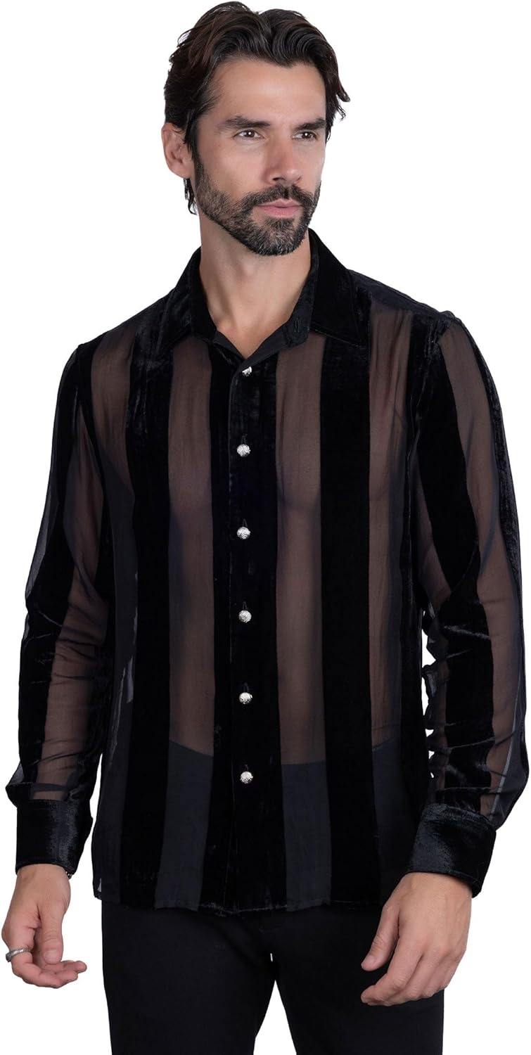 Barabas Men's See Through Velvet Long Sleeve Shirts 5B19
