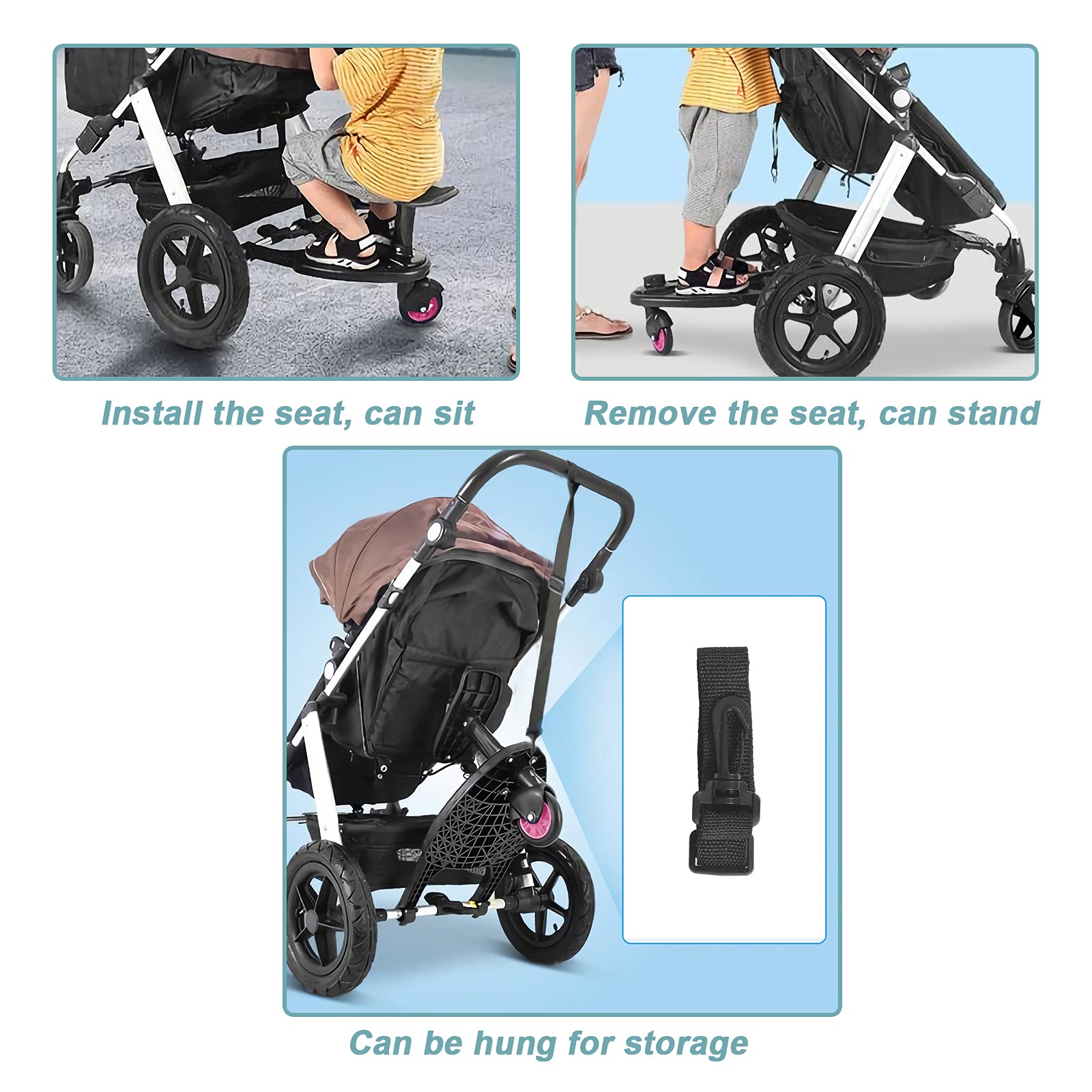 Planches À Roulettes Pour Bébé, Vihir Planche À Roulettes de Poussette, Avec Siege Planche debout pour sièg de connecteur amovible, Adaptée Aux Enfants de 2 À 6 Ans, 25 kg, Non Universal
