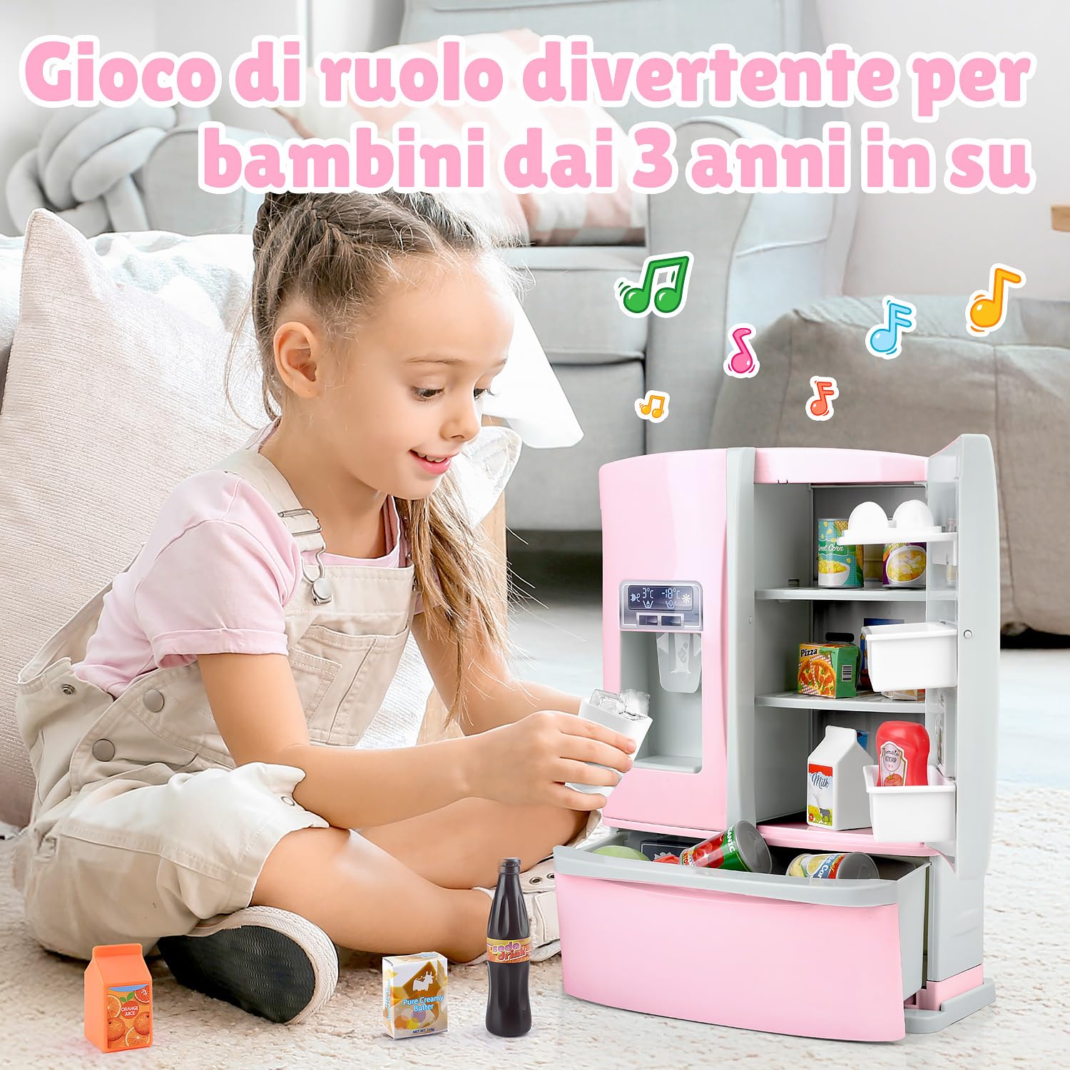 PLAY Set di accessori da cucina per bambini, frigorifero con dispenser di ghiaccio, set di accessori da cucina con frigorifero per bambini, giocattolo alimentare, cubetti di ghiaccio, utensili da