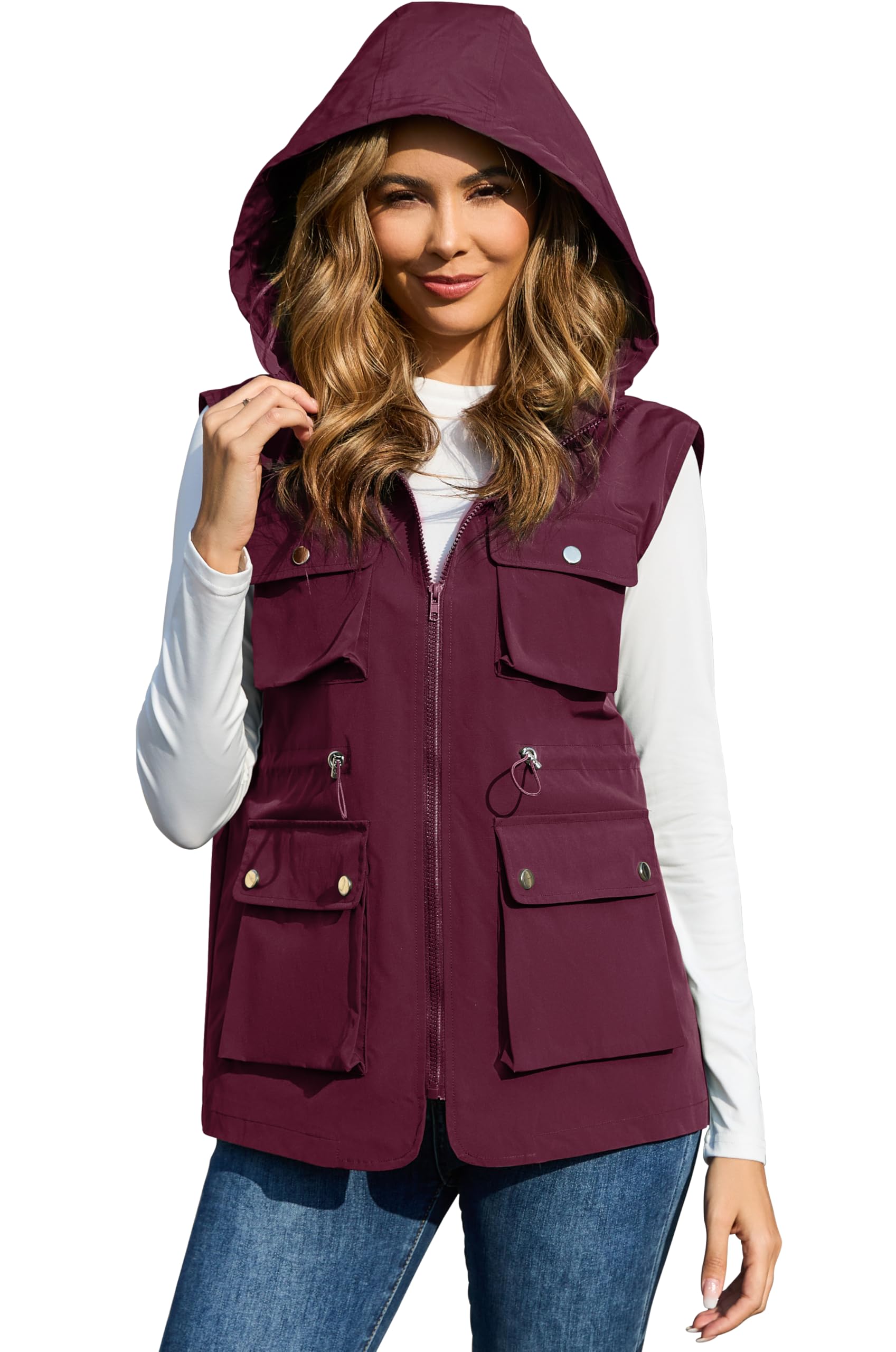 PESION Womens Packable Military Utility Vests Outerwear Waterproof Windbreaker Jacket Cargo Vest with Removable Hood