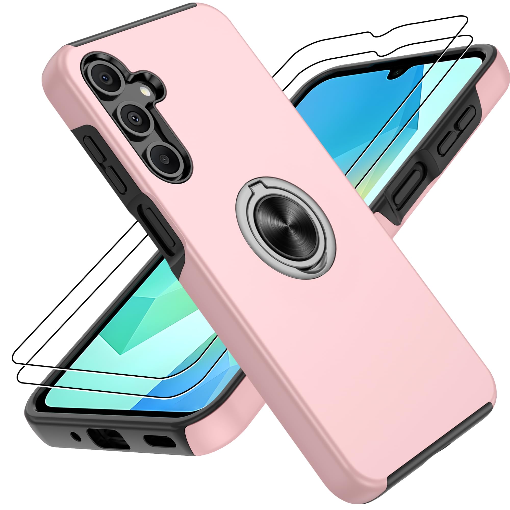 Gritup for Samsung Galaxy A16 5G Phone Case with Screen Protector×2Pcs, with 360°Magnetic Ring Holder Kickstand,MIL-Grade Shockproof Protection (Military Standard),Pink