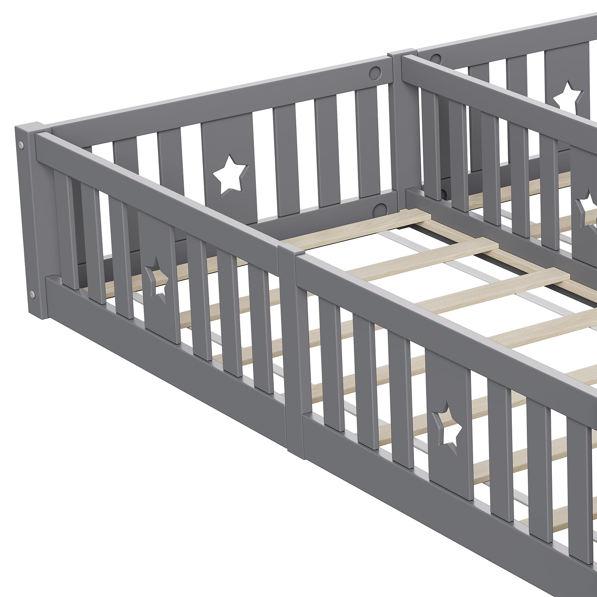 Lit Montessori Enfant au Sol 90x200 cm avec Barrières,Lit Combiné 2 Places Applicable Cela Enfants S'exercer Debout,Idéal pour Famille/Jumeaux,Gris(avec sommier à Lattes)