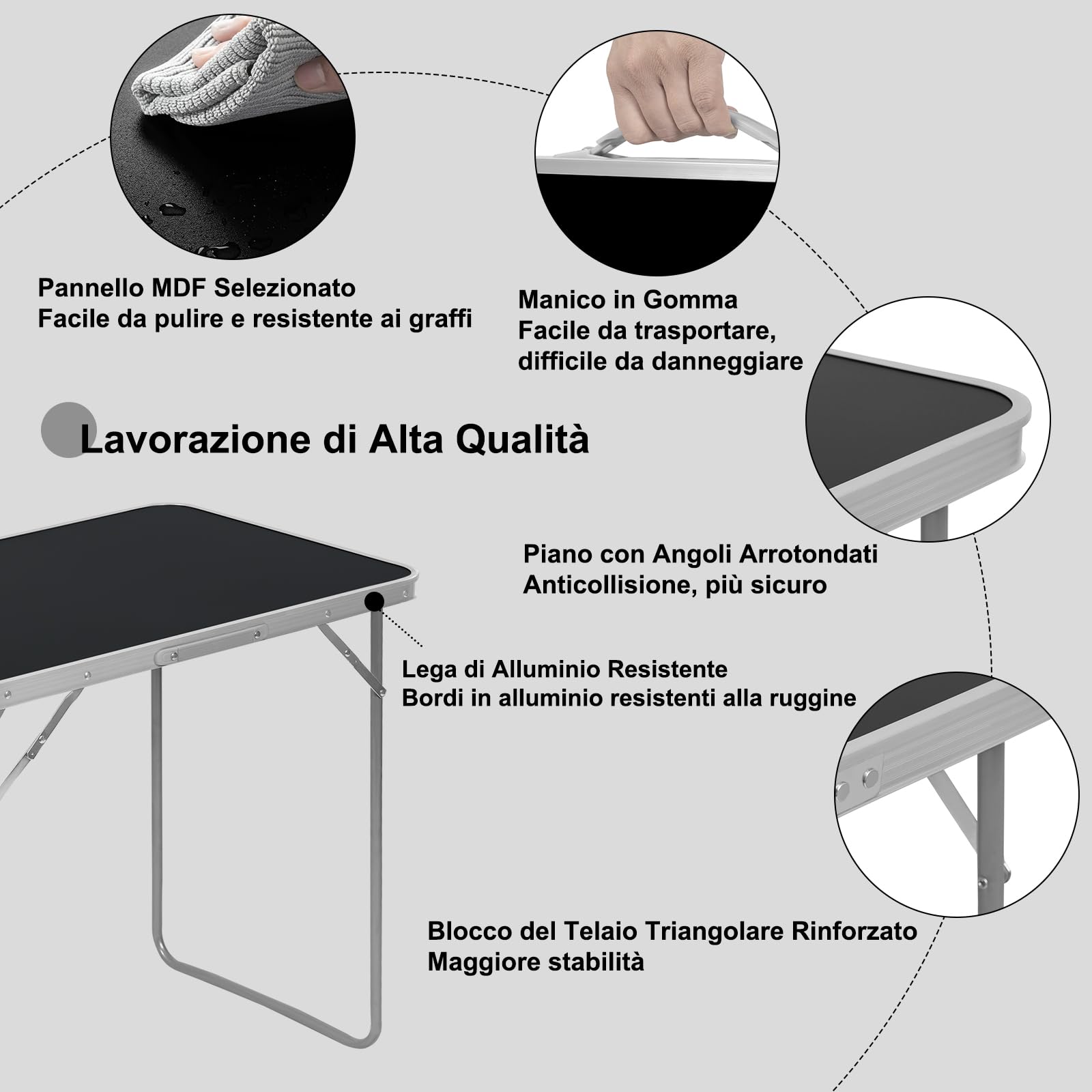 eSituro Tavolo Campeggio, Tavolino Pieghevole da Giardino, Tavolo da Balcone, con Maniglia in Gomma, Tavolo Picnic 80x50x70 cm, in Alluminio e MDF, Carico 20 kg, Nero