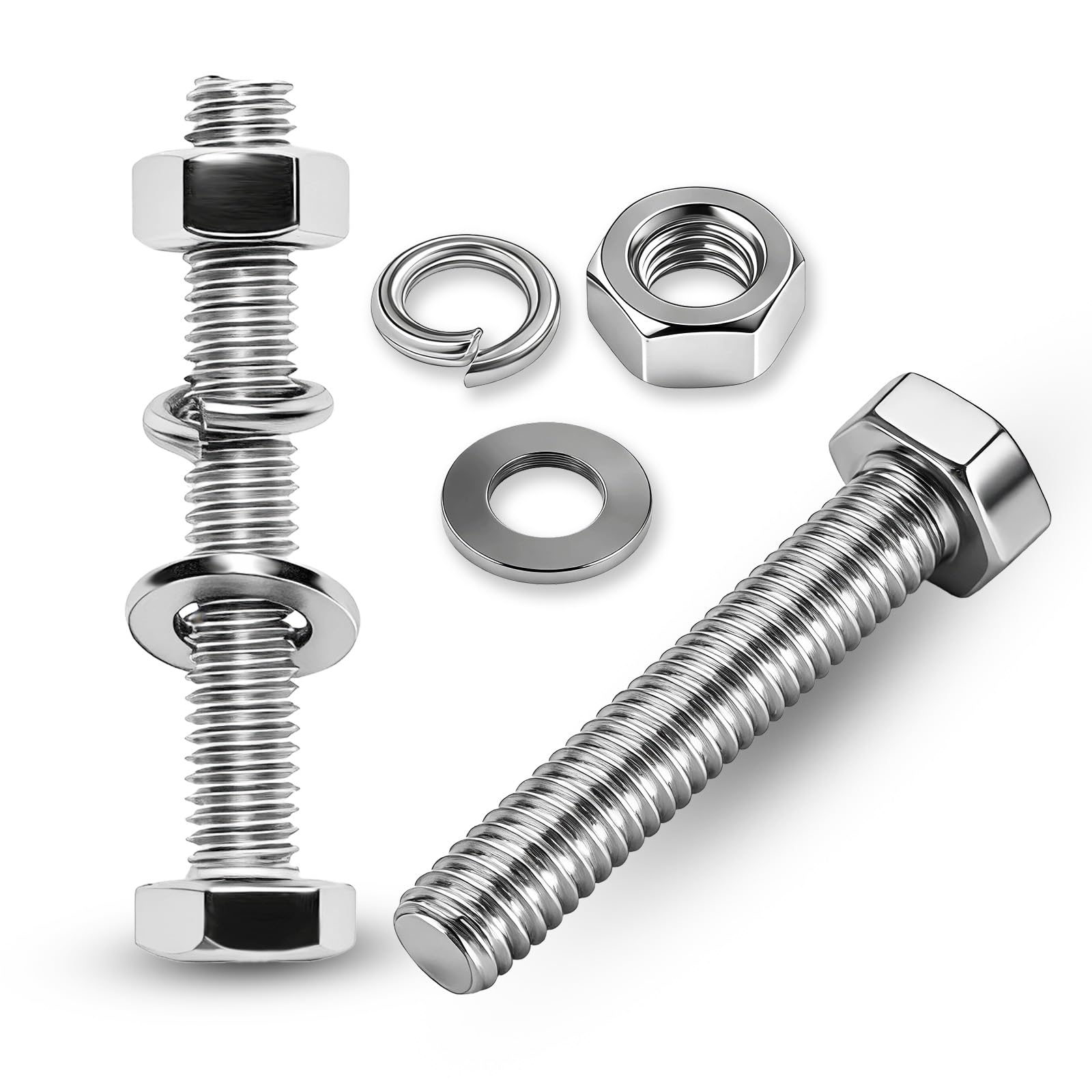 Nasxkji M10 Nuts and Bolts Assortment 5 PCS 304 Stainless Steel Hex Bolts with Nut Flat Washers Spring Washers M10X80 mm Nut and Bolt Sets for DIY Furniture Metal Automotive