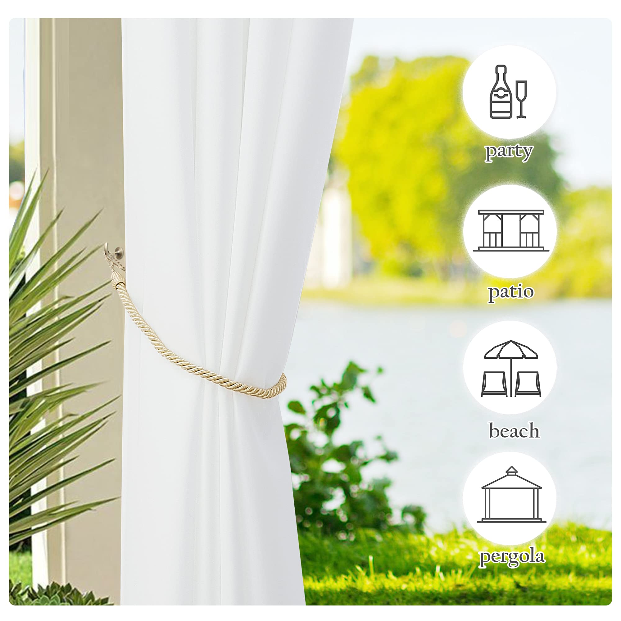 PONY DANCE Rideau Extérieur Terrasse - Rideau Impermeable avec Pattes Réglable Isolation Thermique Lumière Bloquer pour Pergola Jardin Patio, L 140 x H 240 cm, Blanc, 2 PCs