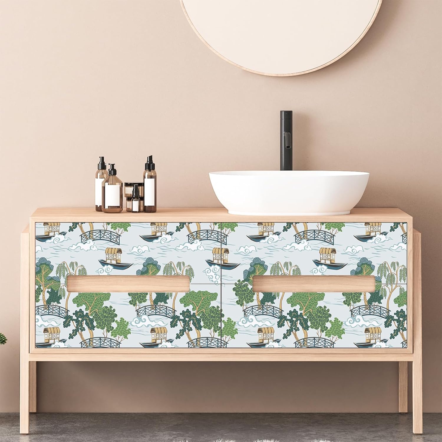CRE8TIVE Chinoiserie Landscape Wallpaper Blue Peel and Stick Wallpaper Vintage 12"x118" River Bridge Boat Tree Wall Paper Mural Self Adhesive Vinyl Contact Paper for Bedroom Cabinets Bathroom Shelves
