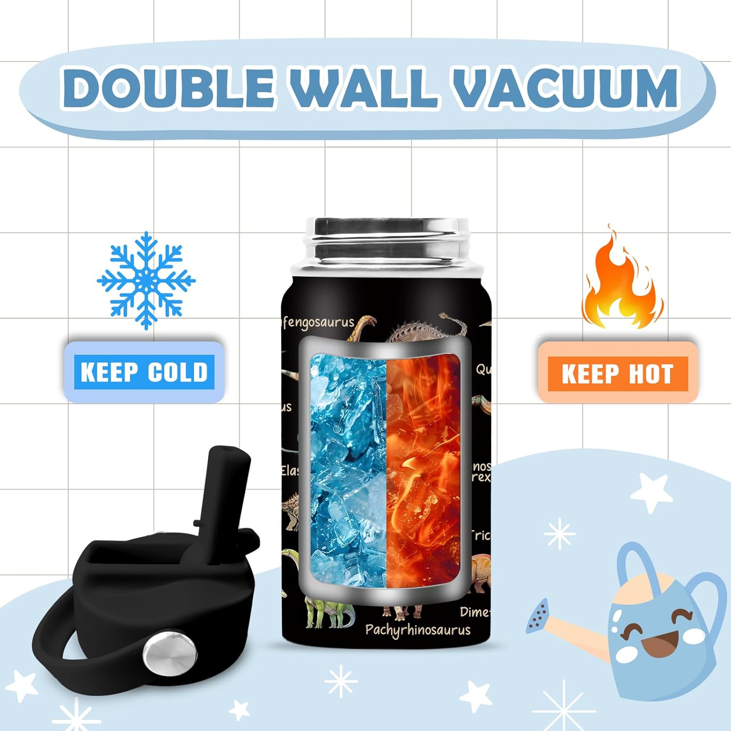 Dinosaur Gifts for Kids Boys, 12 oz Water Bottle with Straw Lid, Stainless Steel Vacuum Insulated Bottle, Leakproof, Dinosaur Cup Gifts for Birthday Holiday - Image 5