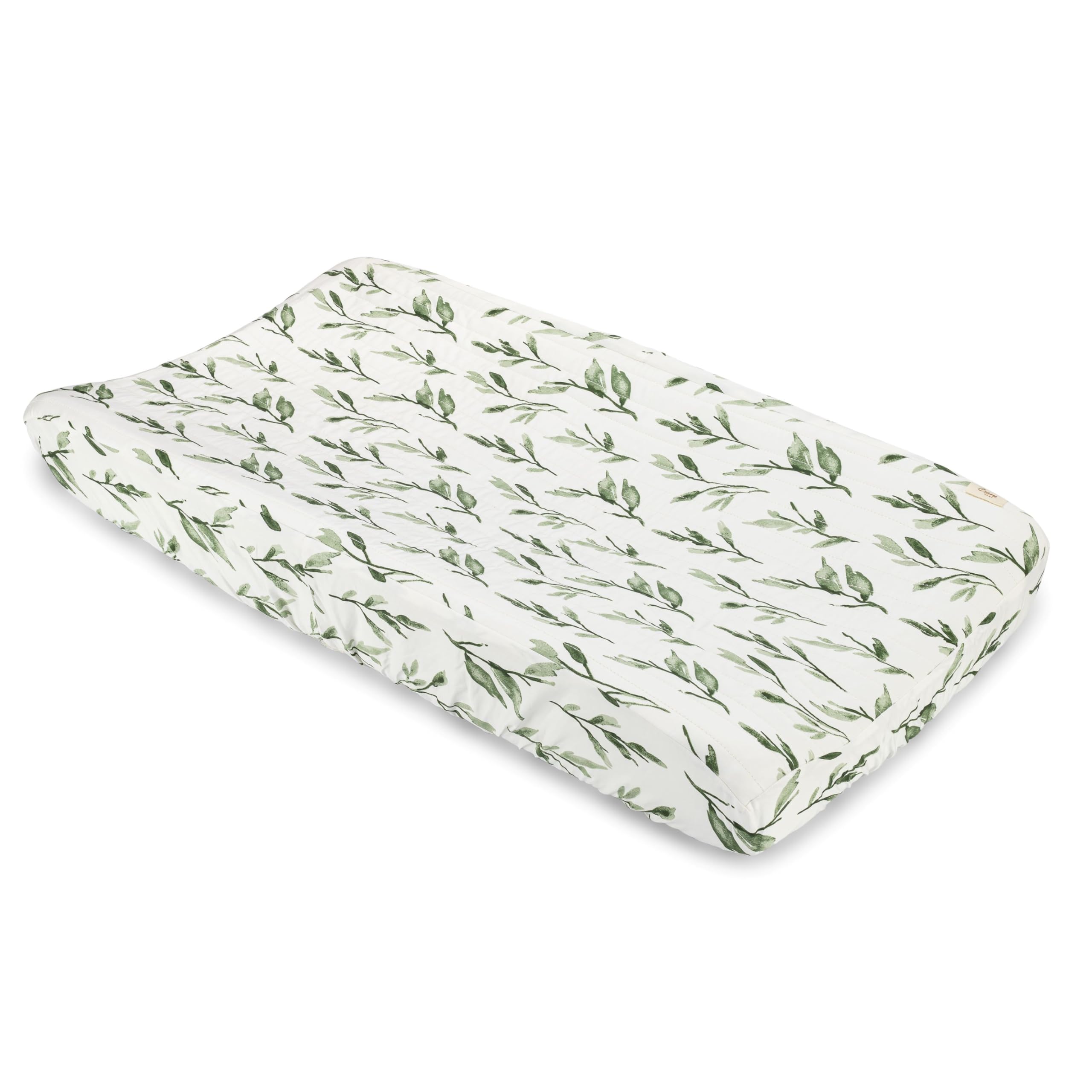 Crane Baby Green Leaf, Quilted Changing Pad Cover, 100% Cotton Sateen, 16in X 32in, Fitted with Elastic, Soft, Machine Washable, Neutral Nursery