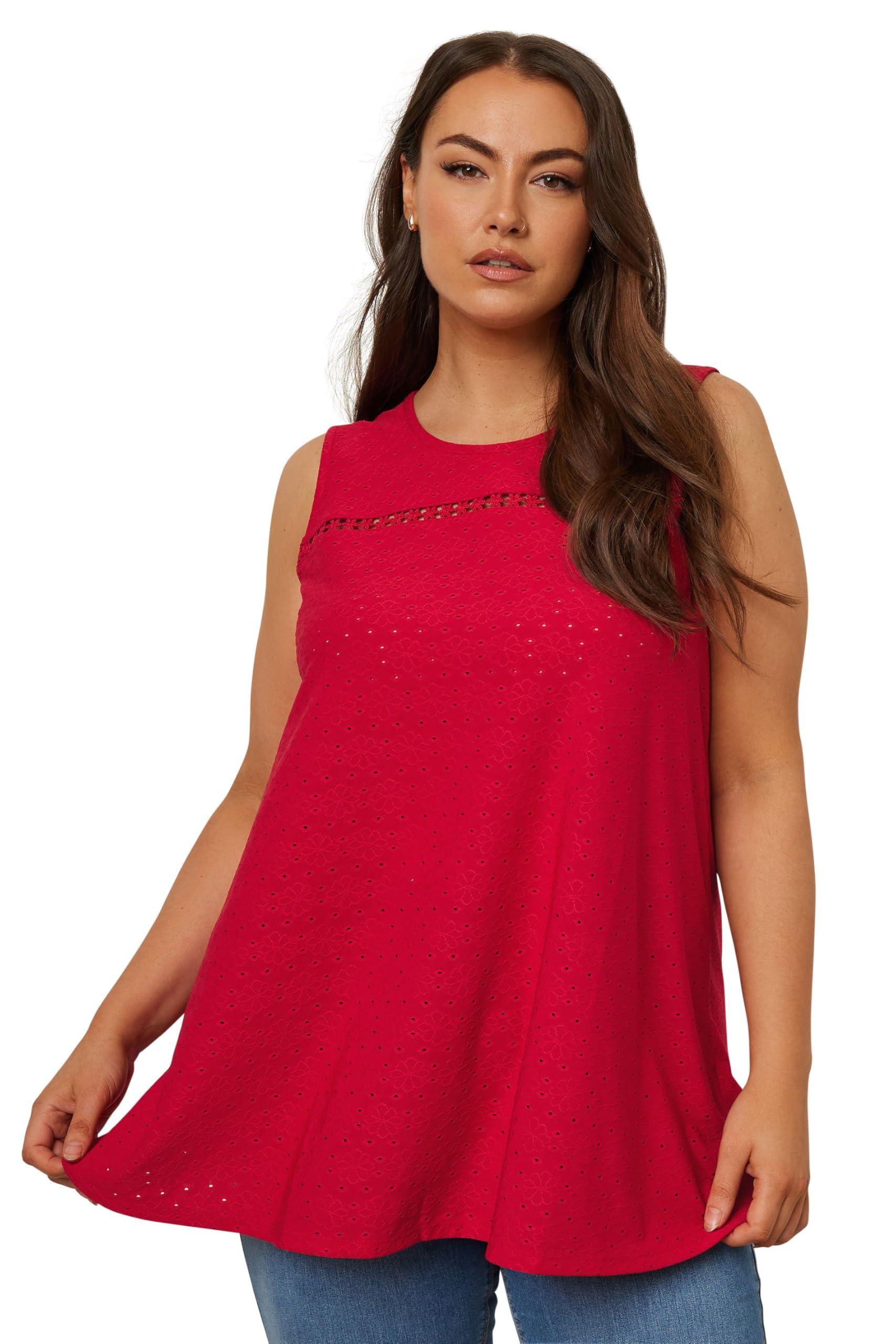 Yours Women's Red Curve Floral Broderie Anglaise Vest Top - Plus Curve 26-28 Plus