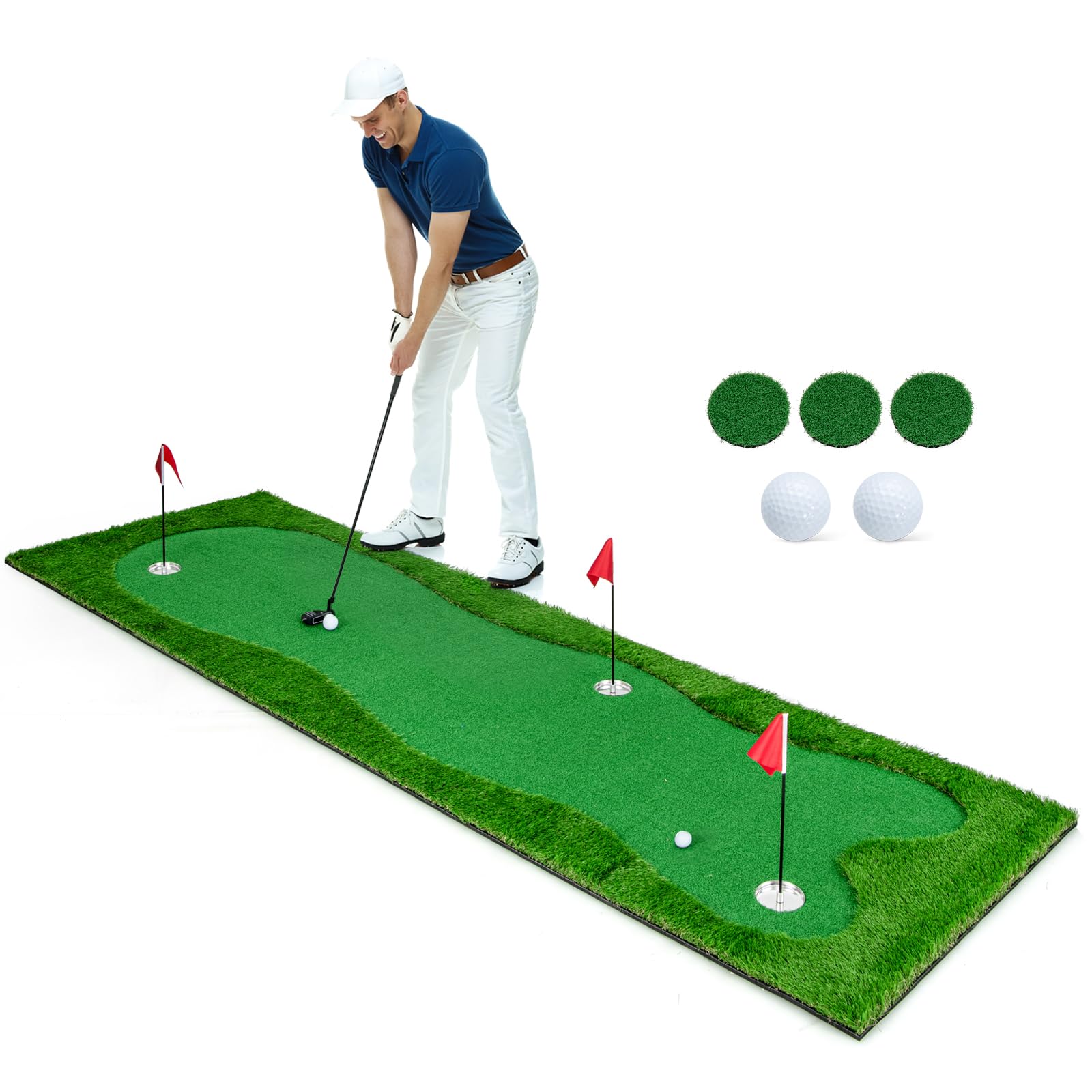 GOPLUS - Alfombra de Golf para Putting (3 x 1 m), Gran Alfombra de Entrenamiento de Golf, 3 Agujeros, 3 Copas y Banderas de Ayuda al Entrenamiento, Interior Exterior