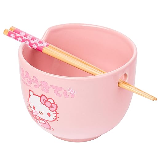 Silver Buffalo Sanrio Hello Kitty Strawberry Milk Japanese Character Ceramic Ramen Rice Bowl with Chopsticks, 20 Ounces, Pink