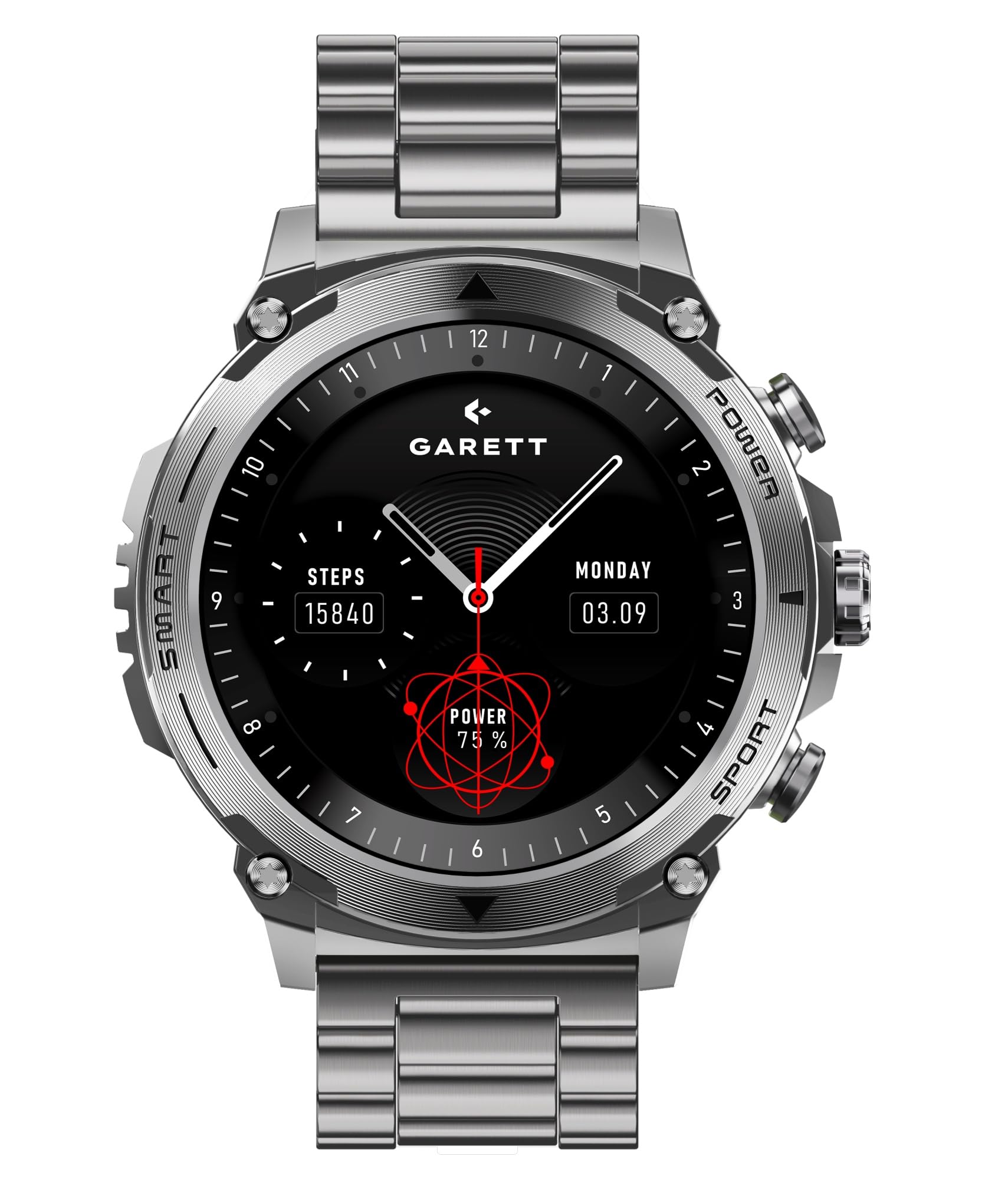 garett smartwatch uomo - 1,43″ - AMOLED - 8 giorni batteria Always On Display - Atom Argento Acciaio