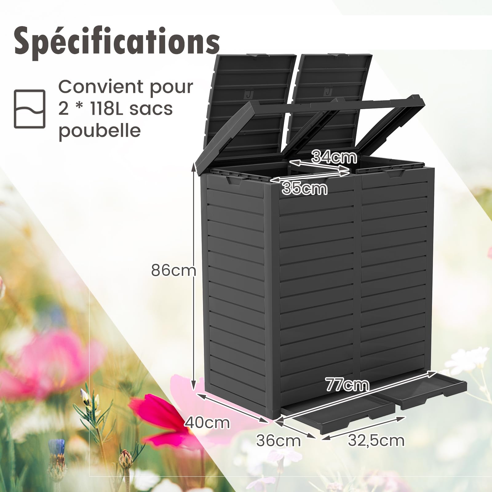 GOPLUS Poubelle Jarin Extérieure à Double Bac 236 L, Bac à Ordures Extérieur pour Déchets, Poubelle de Tri Terrasse Extérieure Intérieure avec Plusieurs Couvercles (Noir,236L|77x40x86CM)