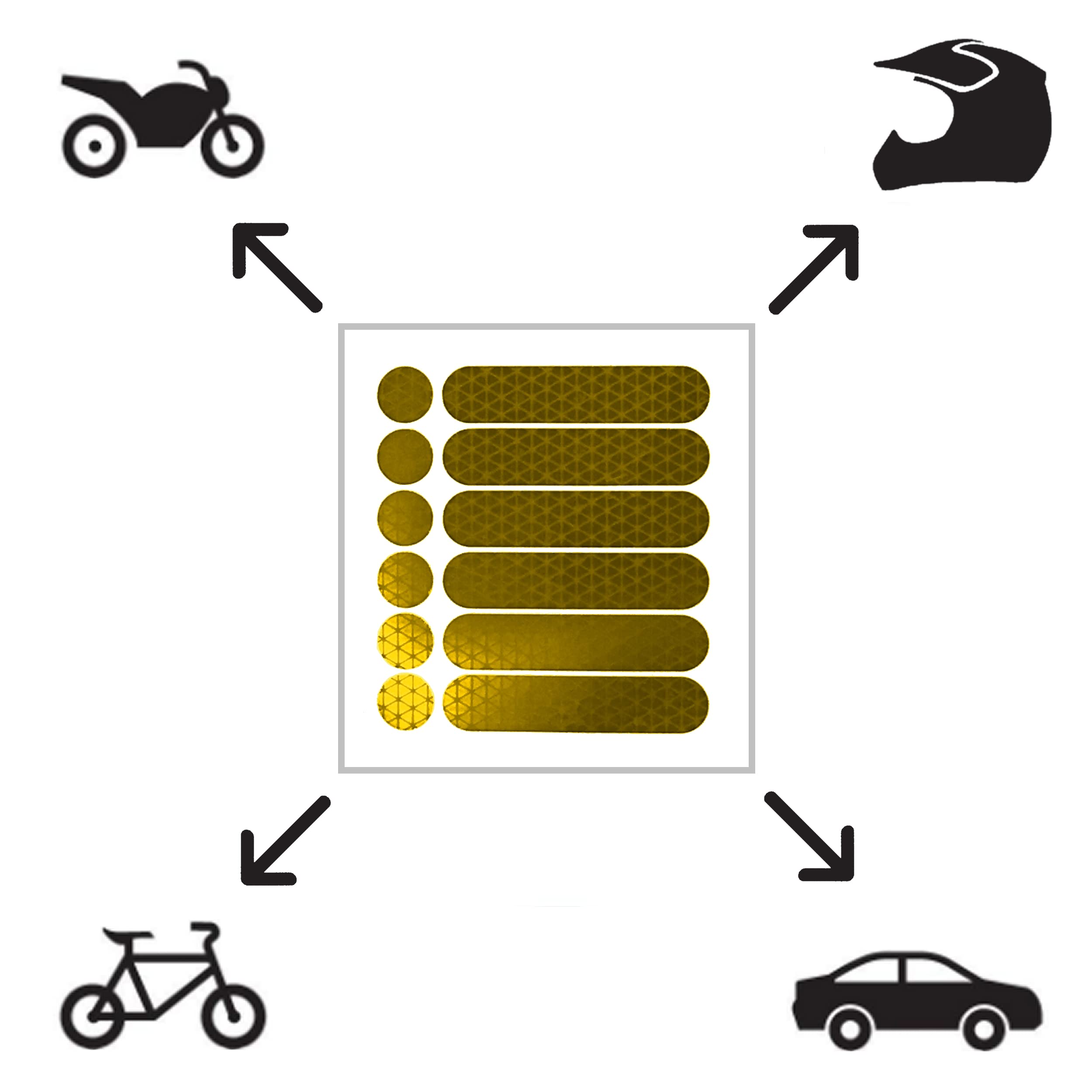 customTAYLOR33 Lot de 2 autocollants réfléchissants de sécurité pour moto, vélo, snowboard, casque de course ou véhicules (12 bandes et 12 cercles), jaune/doré)