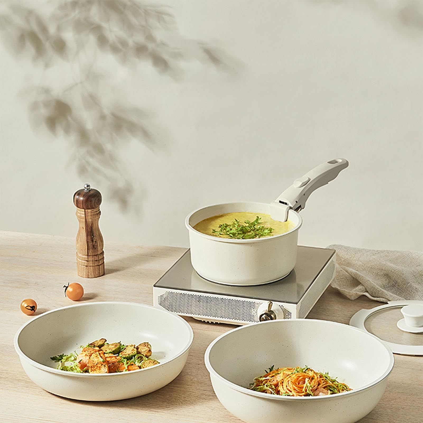 Batterie de cuisine sûre – Casseroles à poignée amovible, poêle à frire | antiadhésive, collection d'ustensiles de cuisine blanc crème | Ensemble de casseroles à poignée amovible, équipement culinair