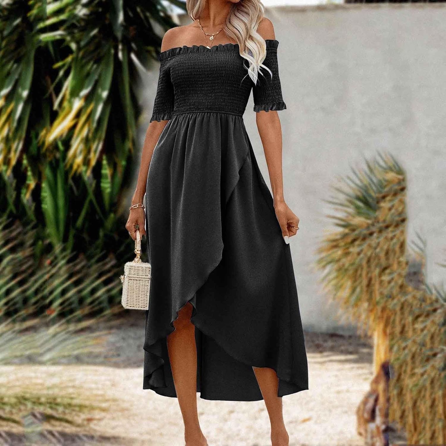Womens Off Shoulder Summer Wedding Guest Dresses A Line Flowy Dressy Smocked Ruched Irregular Hem Short Skater Dress