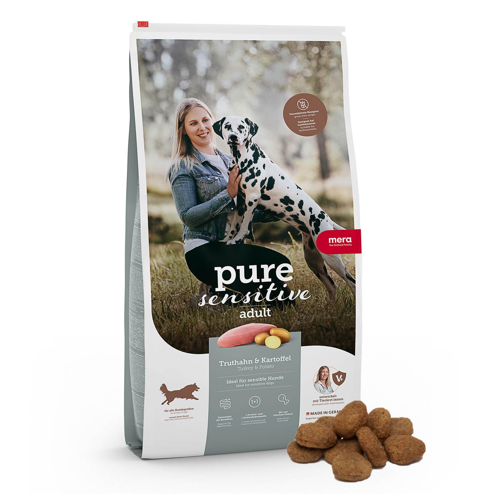 MERA Pure Sensitive Fresh Meat Dinde et Pommes de Terre, Croquettes pour Chien Adulte, Croquettes saines, Riches en Viande Fraîche et sans Céréales (12,5 kg)