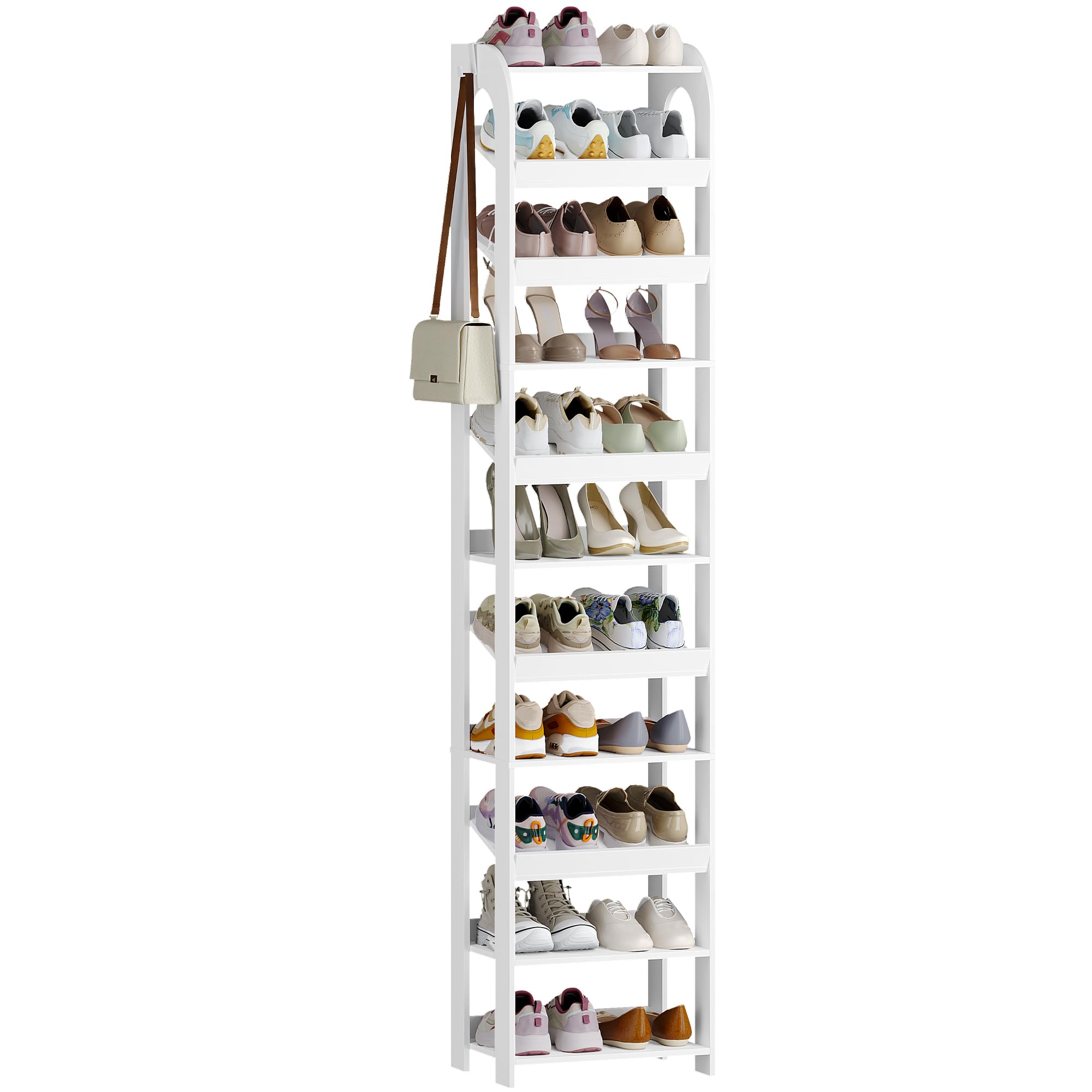 Hzuaneri Vertikales Schuhregal, 11 Ebenen, mit Haken, 42,5B cm, Weiß | Holz-Schuh-Organizer für Schrank, Eingang, Schuhturm für Kleine Räume, Freistehend, Verstellbar, SR13403X