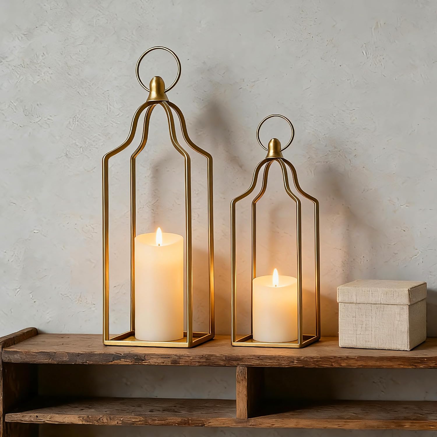 Rustic Farmhouse Decor Metal Lantern Set of 2 Decorative Lanterns for Home Indoor Outdoor Living Room, Fireplace, Patio, Wedding & Kitchen Table Centerpieces (Glod, 14.5" 12.2")