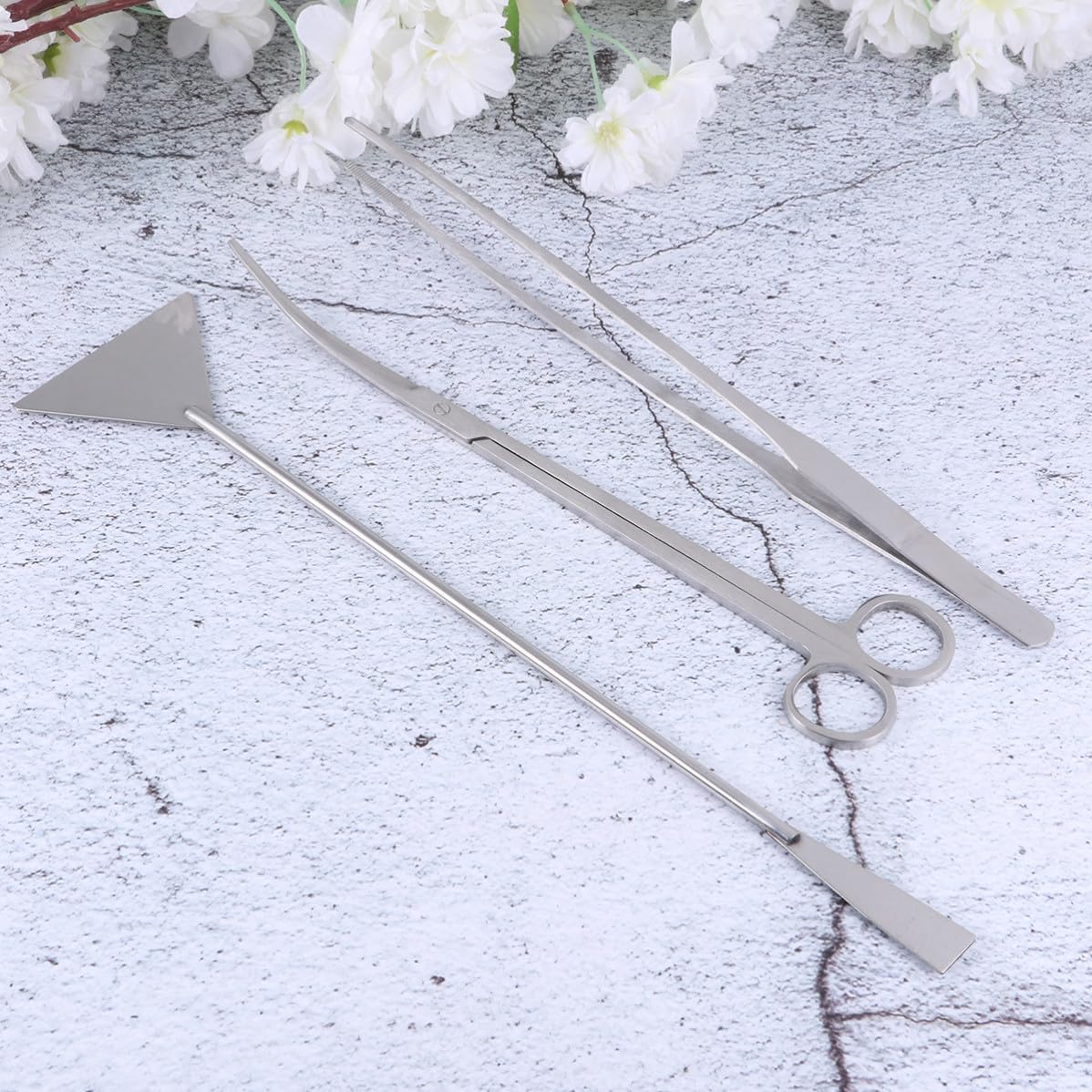 3 Pcs Aquarium Cleaning Tool Set for Fish Tank, Stainless Steel | Curved Scissor, Straight Tweezers and Flat Shovel, Storage Bag Included, Silver Finish for Freshwater Shop Use