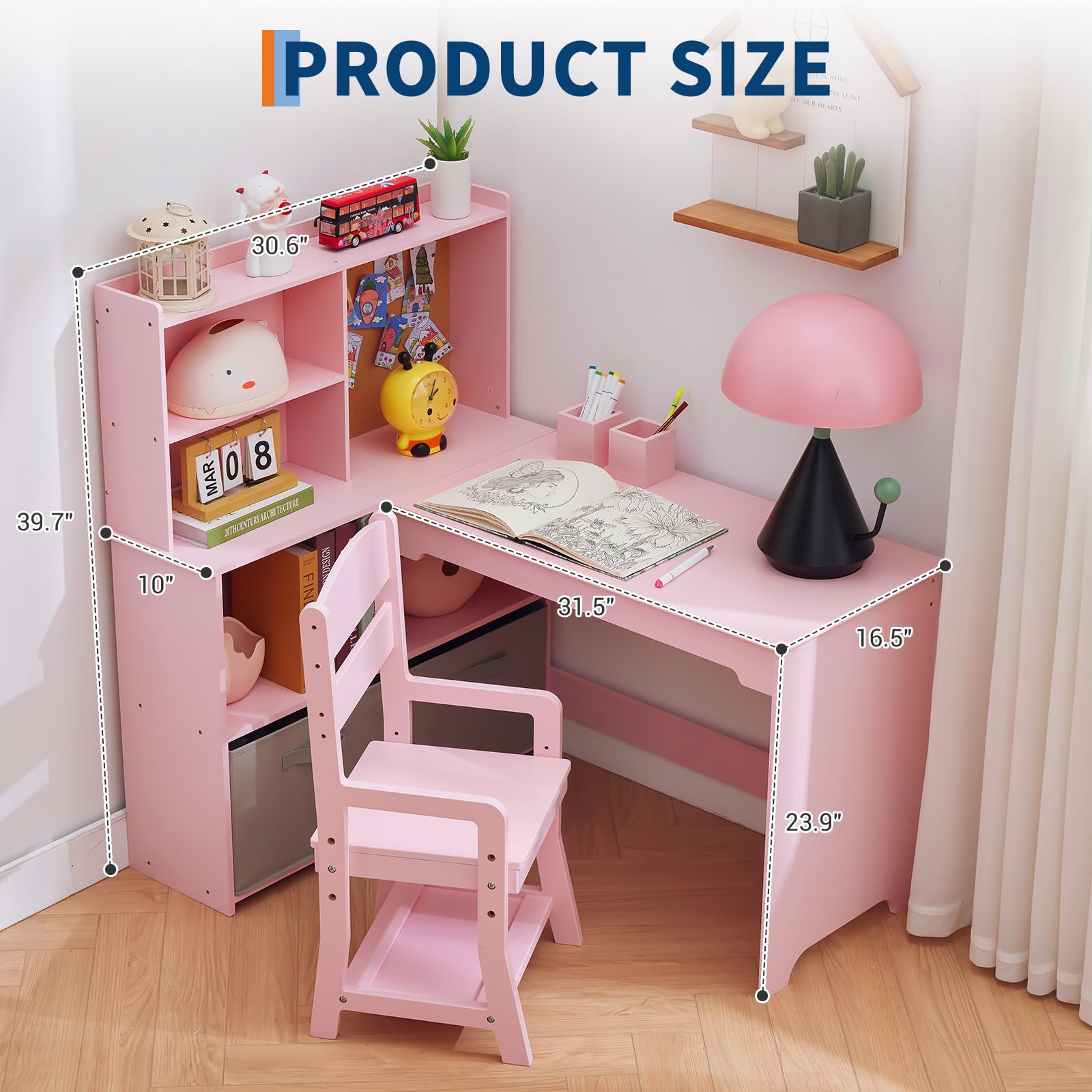 Bureau d’Angle Enfant élégant Avec Chaise Ergonomique 3-10 Ans Fille Garcon | Table d'étude L Avec Miroir,Etagères,Tableau d'Affichage,Tiroirs en tissu,Rangement Ensemble Complet Pour Etude Et Créativité