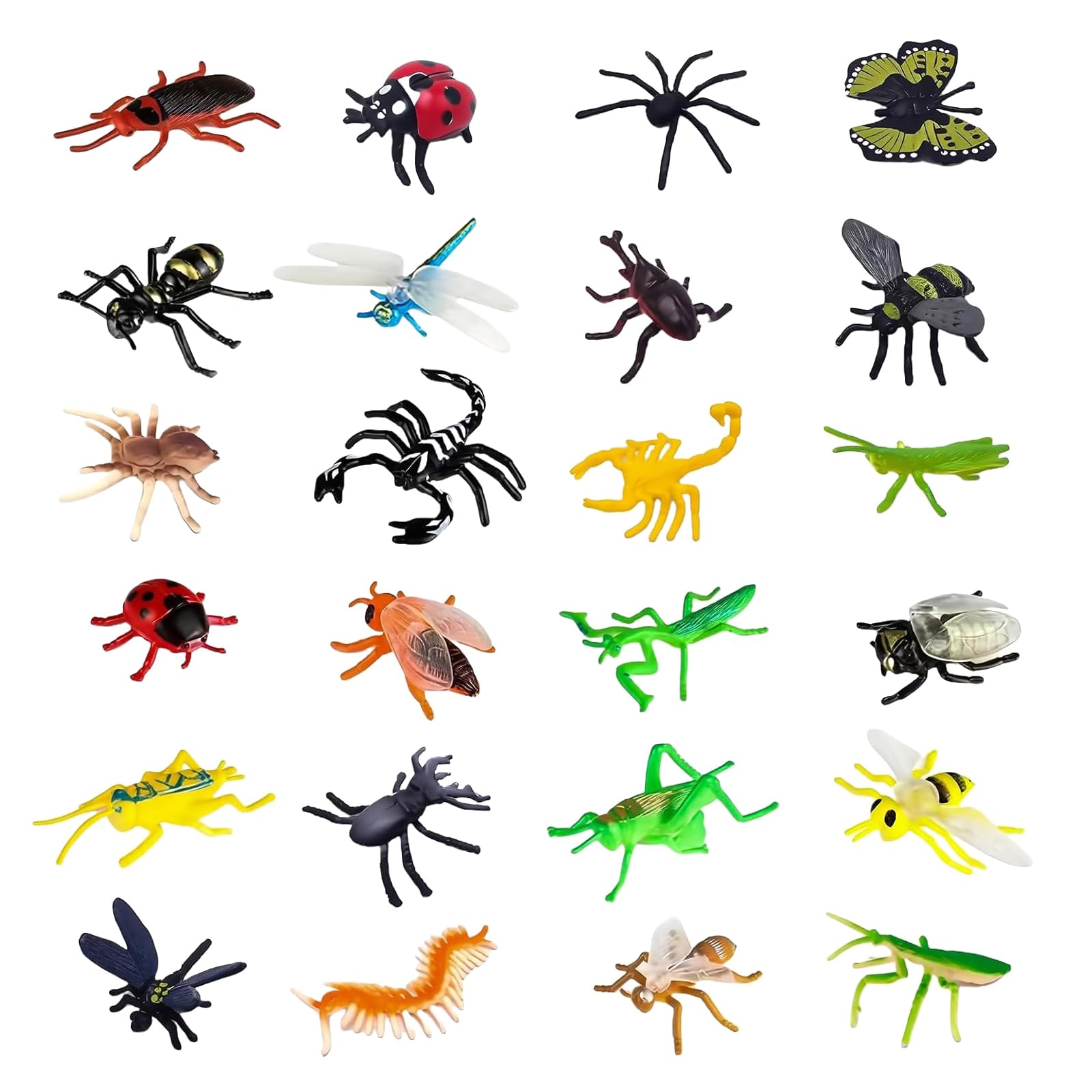 24PCS Mini Beasts for Kids Realistic Insects Toys for Kids Colorful Toy Insects Soft Silicone Dragonfly Models Various Insect Model suitable for Educational Games Game Rewards Party Gifts (Land)