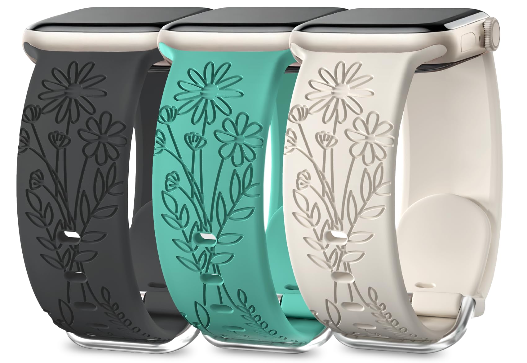 3 Pack Wildflower Engraved Bands Compatible with Apple Watch Band 46mm 40mm 38mm 41mm 44mm 42mm 45mm 49mm
