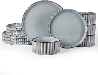 Star Dinnerware Sets, Plates and Bowls Set for 4, 12 Pieces Ribbed Dishes - Chip and Scratch Resistant, Microwave and Dishwasher Safe Tableware, Smoky Blue