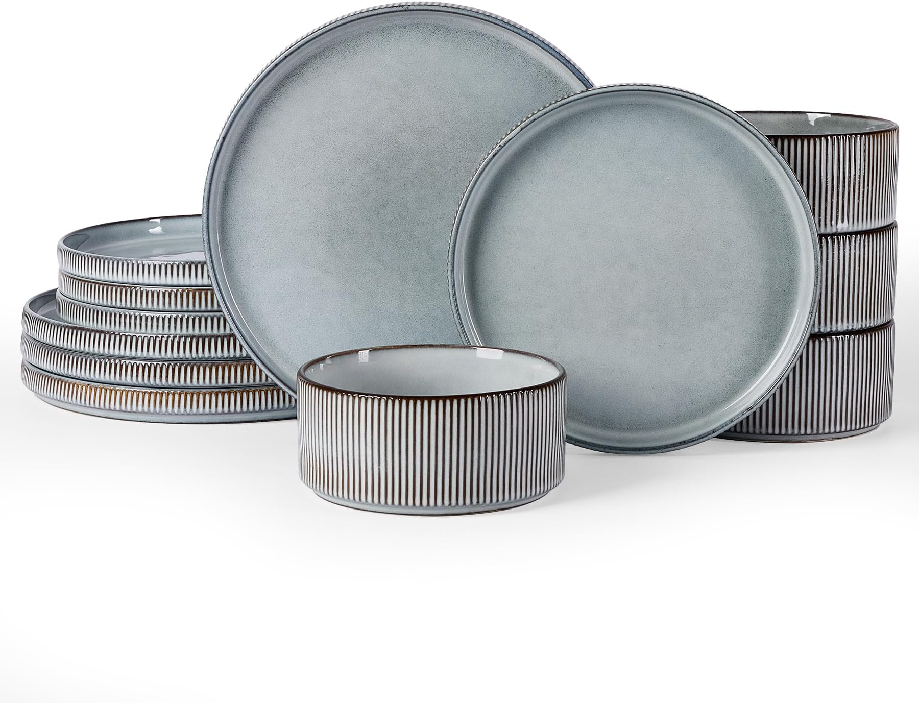Star Dinnerware Sets, Plates and Bowls Set for 4, 12 Pieces Ribbed Dishes - Chip and Scratch Resistant, Microwave and Dishwasher Safe Tableware, Smoky Blue