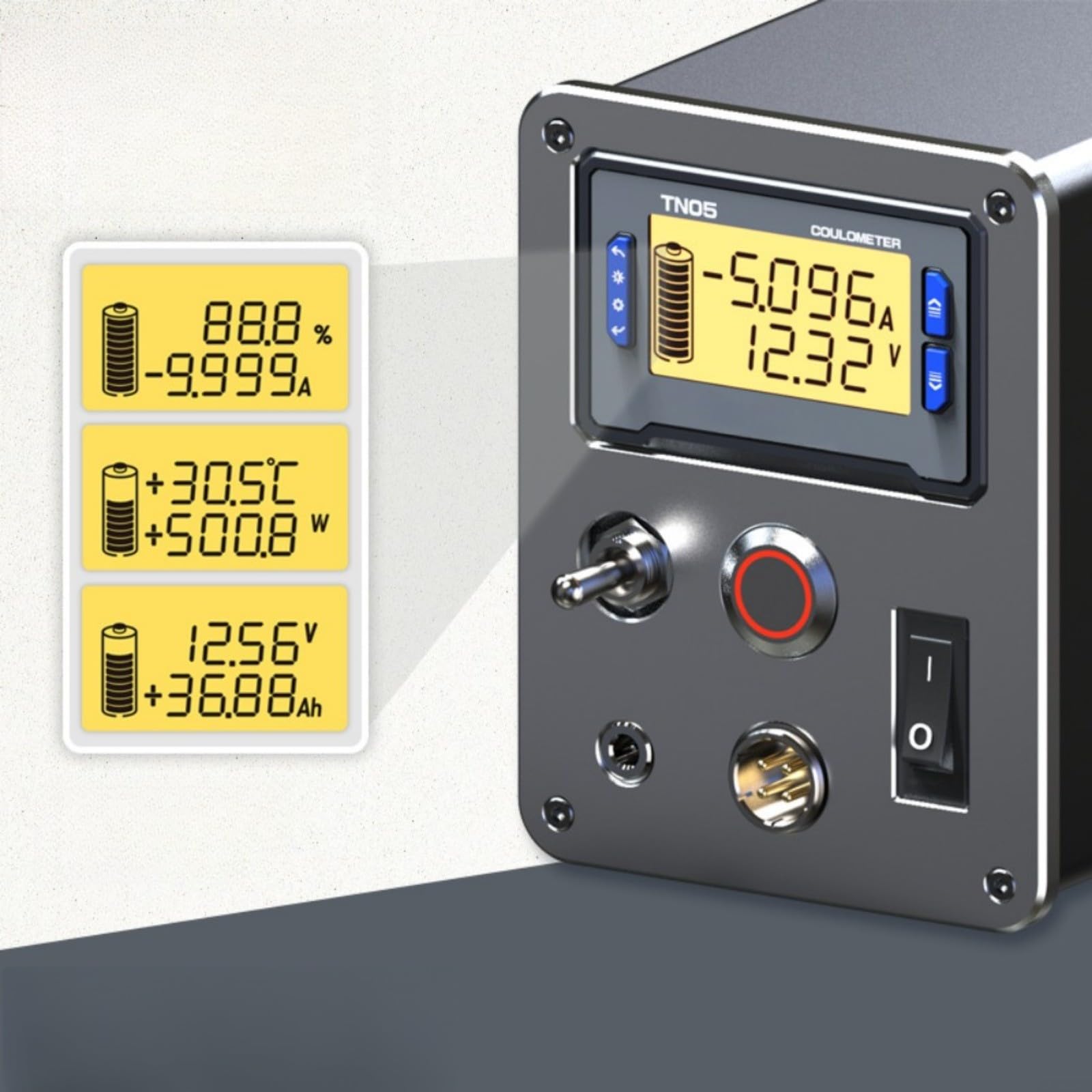 Medidor digital Coulomb de 8 a 80 V CC, monitor de batería de litio con pantalla SOC de potencia de voltios amperios, alarma programable para ácido para LiFePO4