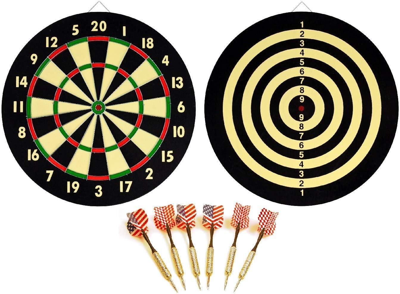 NEW DART BOARD + 6 BRASS DARTS FLAG CHECKERS 16.5" inch